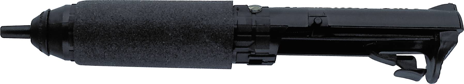 Un outil électrique noir avec une surface ronde et rugueuse et une gâchette métallique. Il ressemble à un outil de meulage portable.