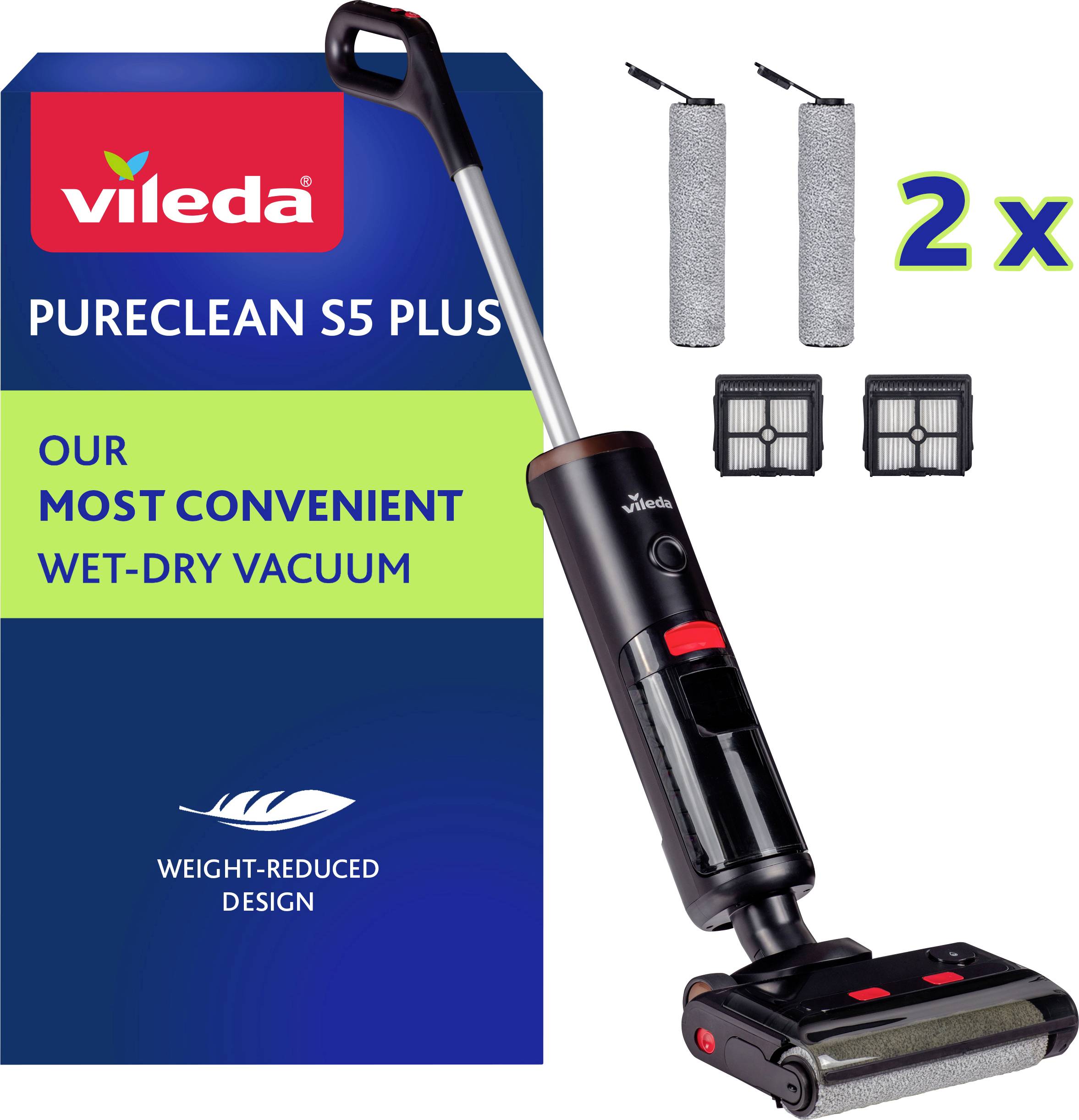 Aspirateur lavant et sec 'Vileda Pureclean S5 Plus', illustré avec ses accessoires, incluant deux rouleaux de rechange et des filtres.