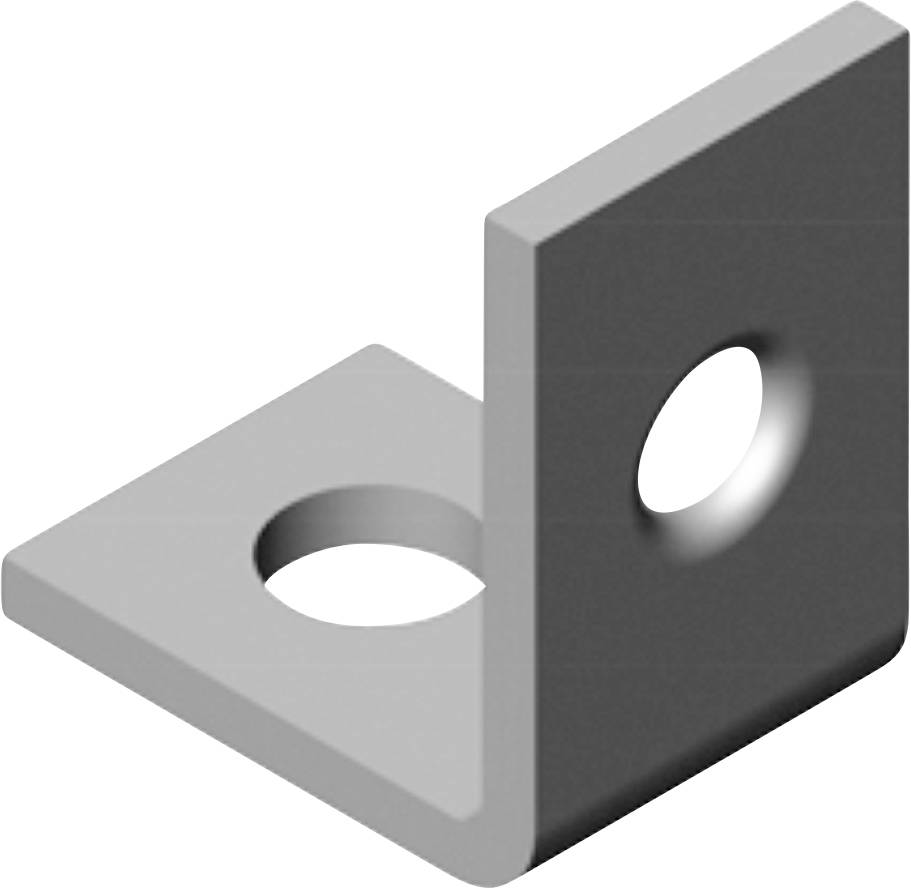 Un angle métallique gris avec deux trous, un sur chaque côté. Il est fréquemment utilisé pour assembler des composants.