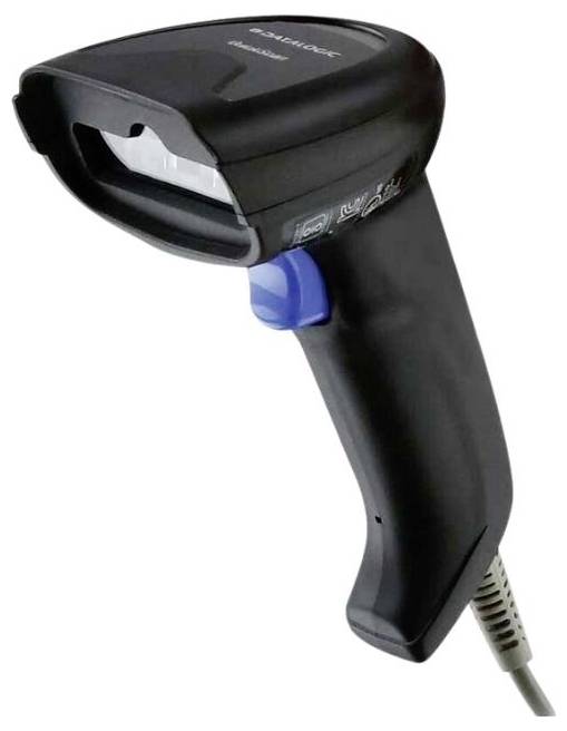 Scanner portable à main avec boîtier noir et bouton bleu, adapté à la lecture des codes-barres. Relié par un câble en spirale.