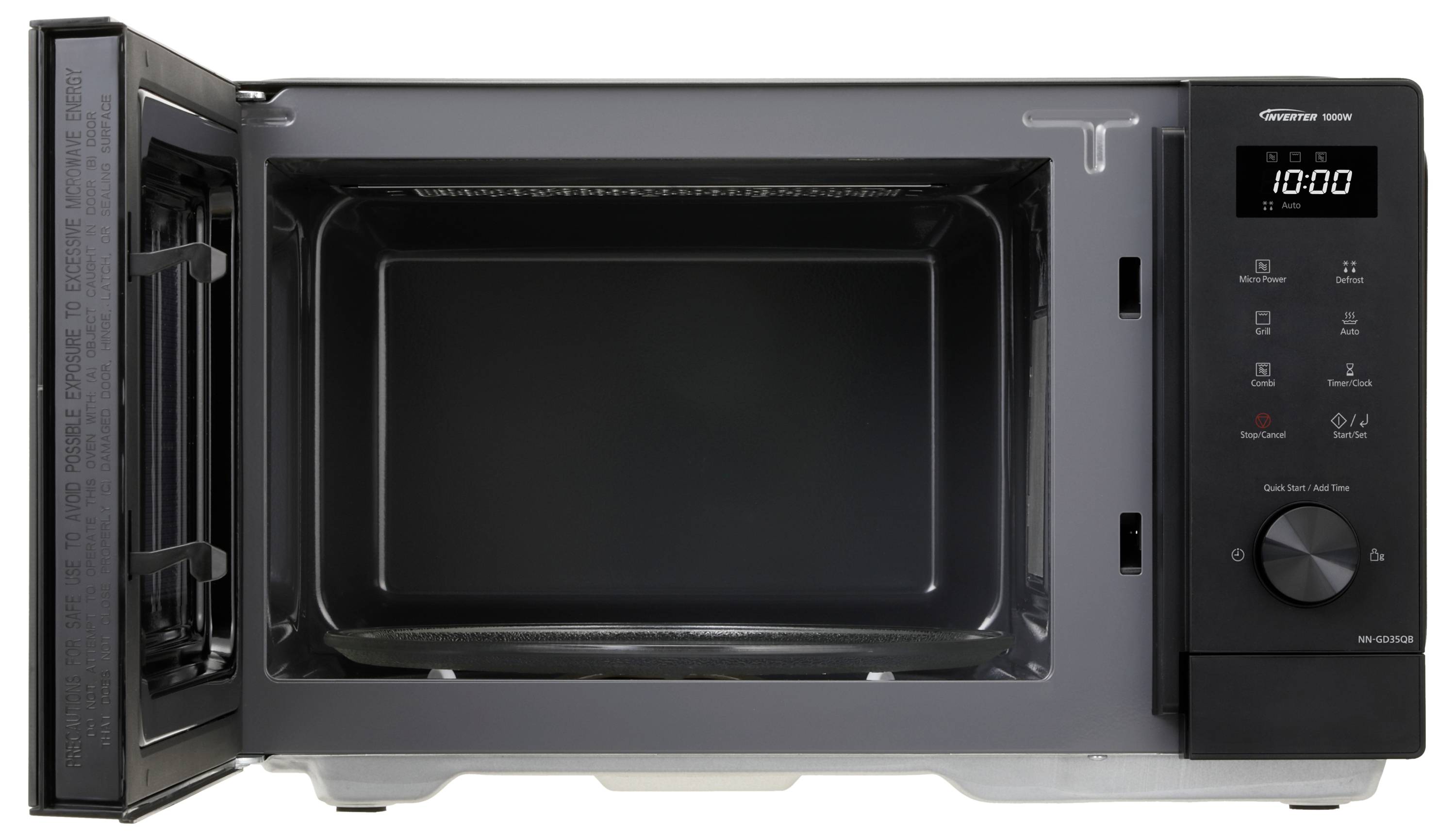 Un micro-ondes avec la porte ouverte, un panneau de commande noir sur la droite, affiche '10:00' sur l'écran. Clairement structuré avec une interface de commande simple.