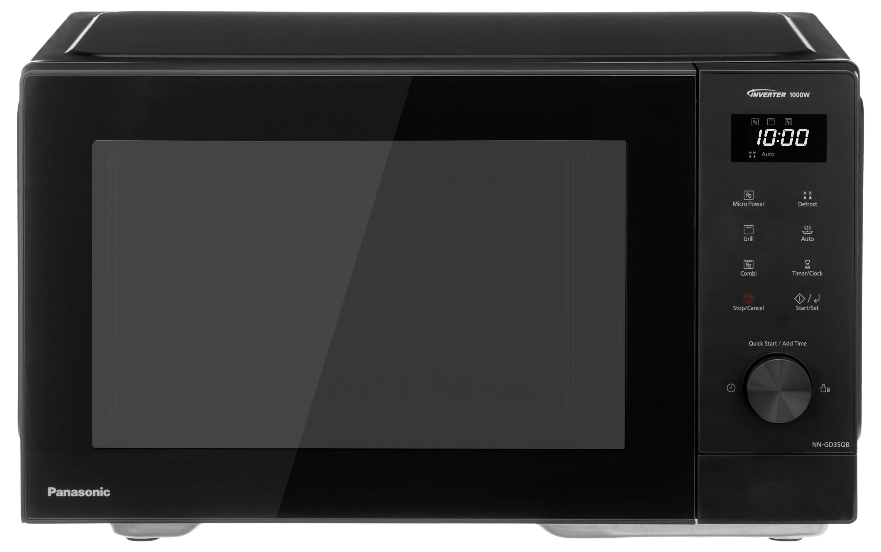 Four micro-ondes noir avec affichage numérique et bouton rotatif à droite, indiquant '10:00'. Logo de la marque en bas à gauche.