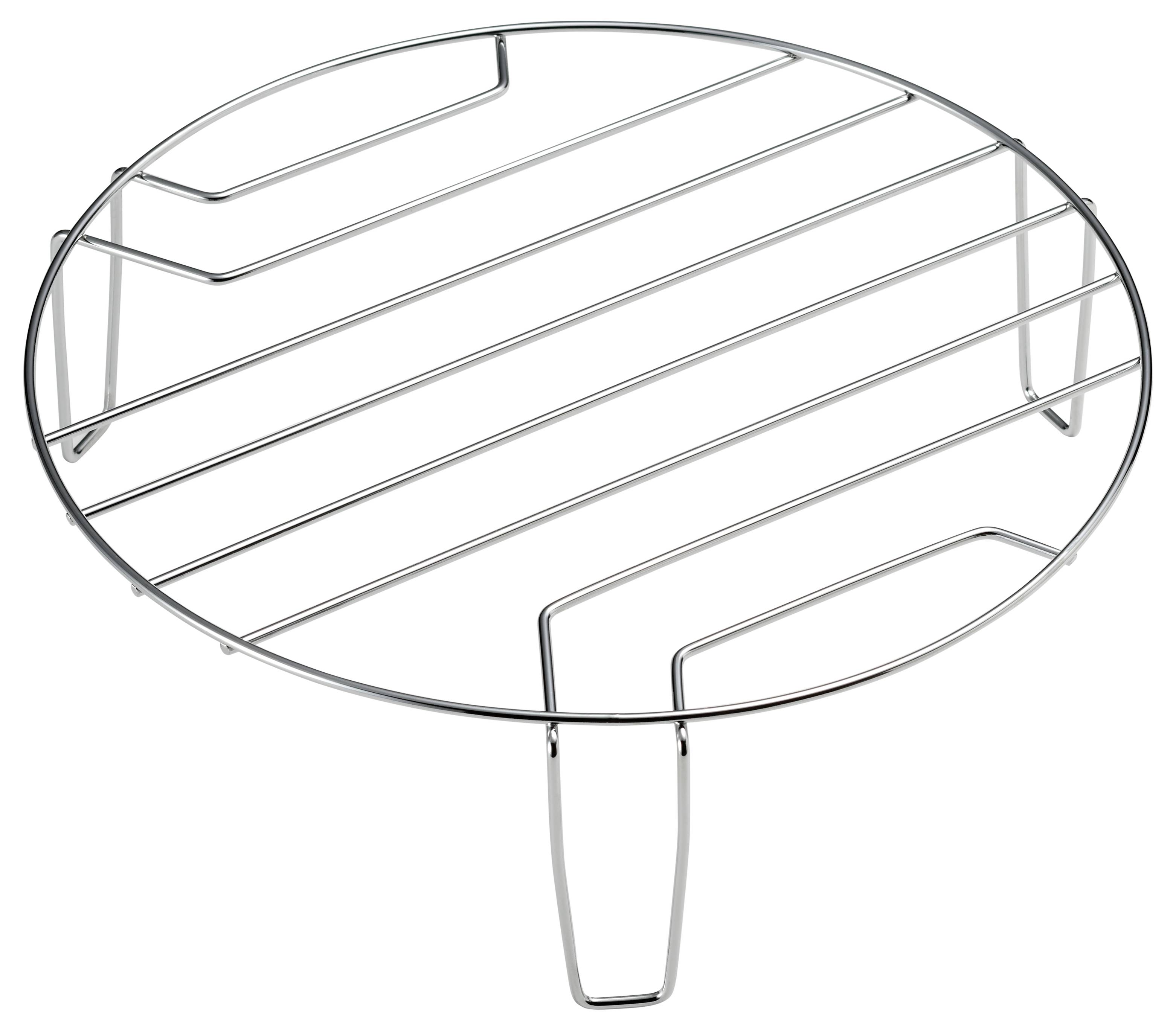 Un grille-pain rond en argent avec trois pieds pour surélever, adapté pour griller ou faire mijoter des aliments.