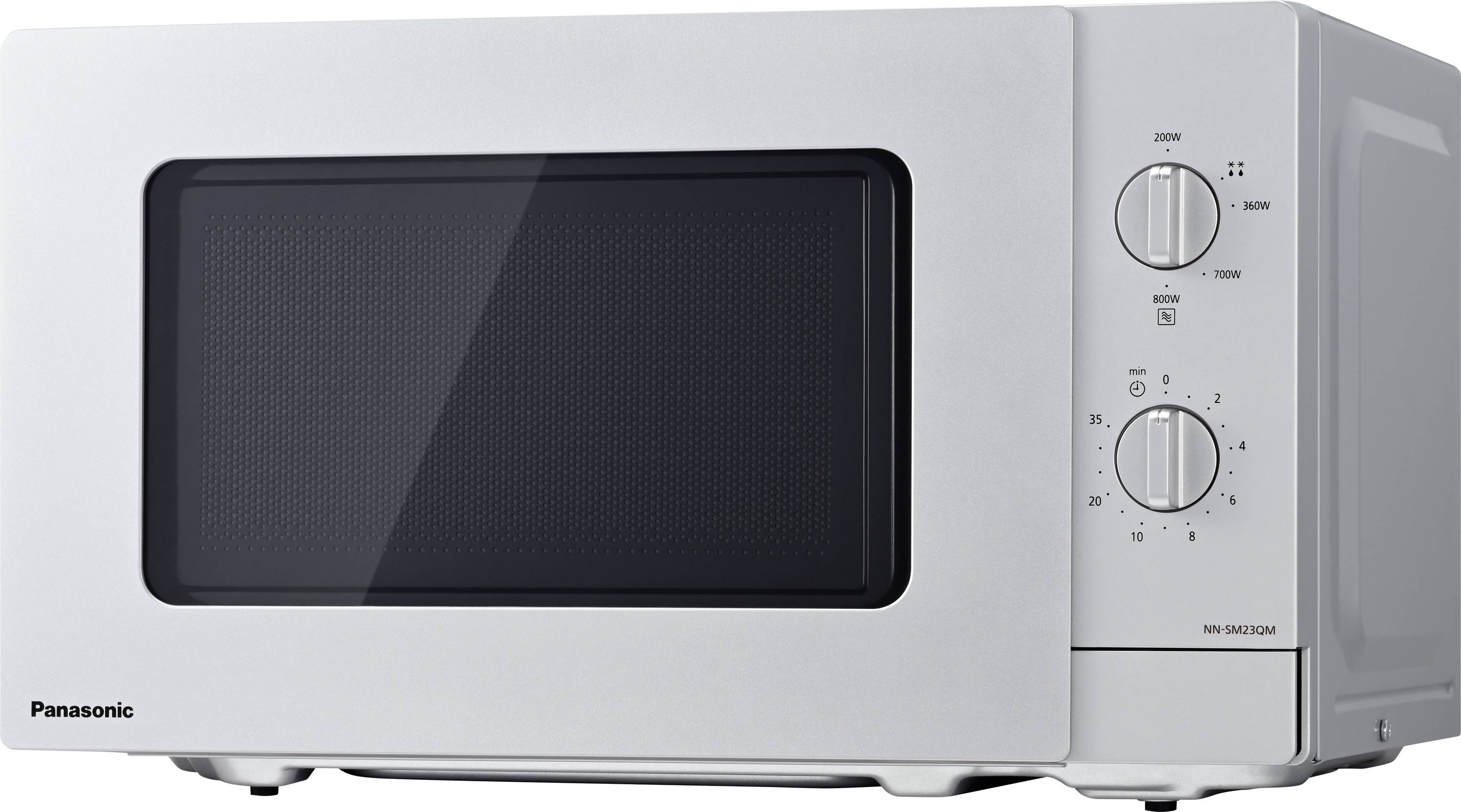 Micro-ondes blanc avec panneau de commande sur le côté droit et deux boutons rotatifs pour la minuterie et le niveau de puissance.