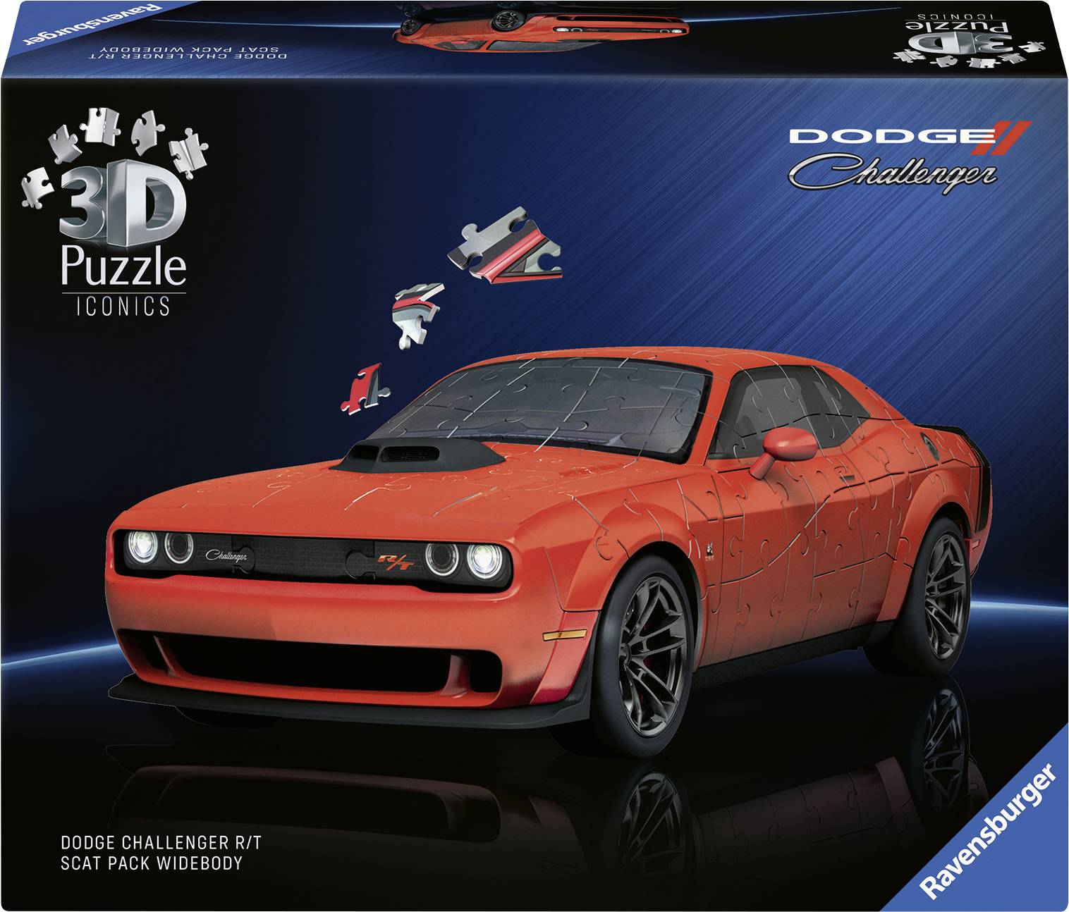 Puzzle 3D de Ravensburger présentant le Dodge Challenger R/T Scat Pack Widebody rouge, mis en valeur sur un fond bleu marine.