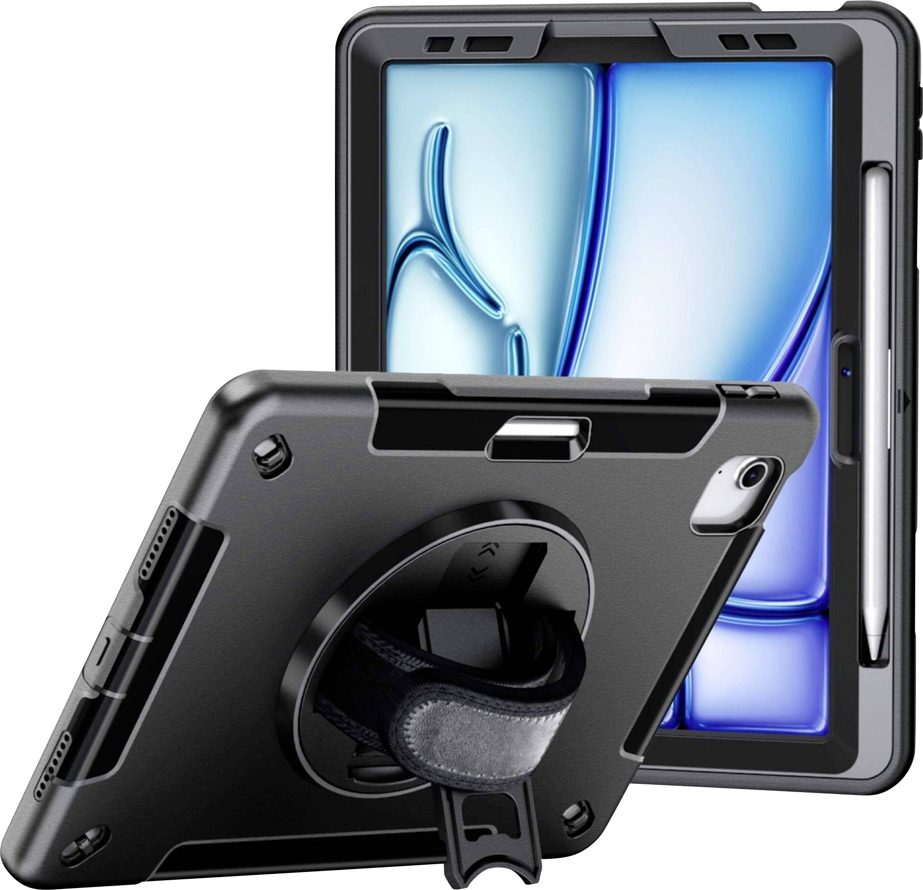 Étui robuste pour tablette avec support et porte-stylo. Offre protection et fonctionnalité pour la tablette. Idéal pour les déplacements.