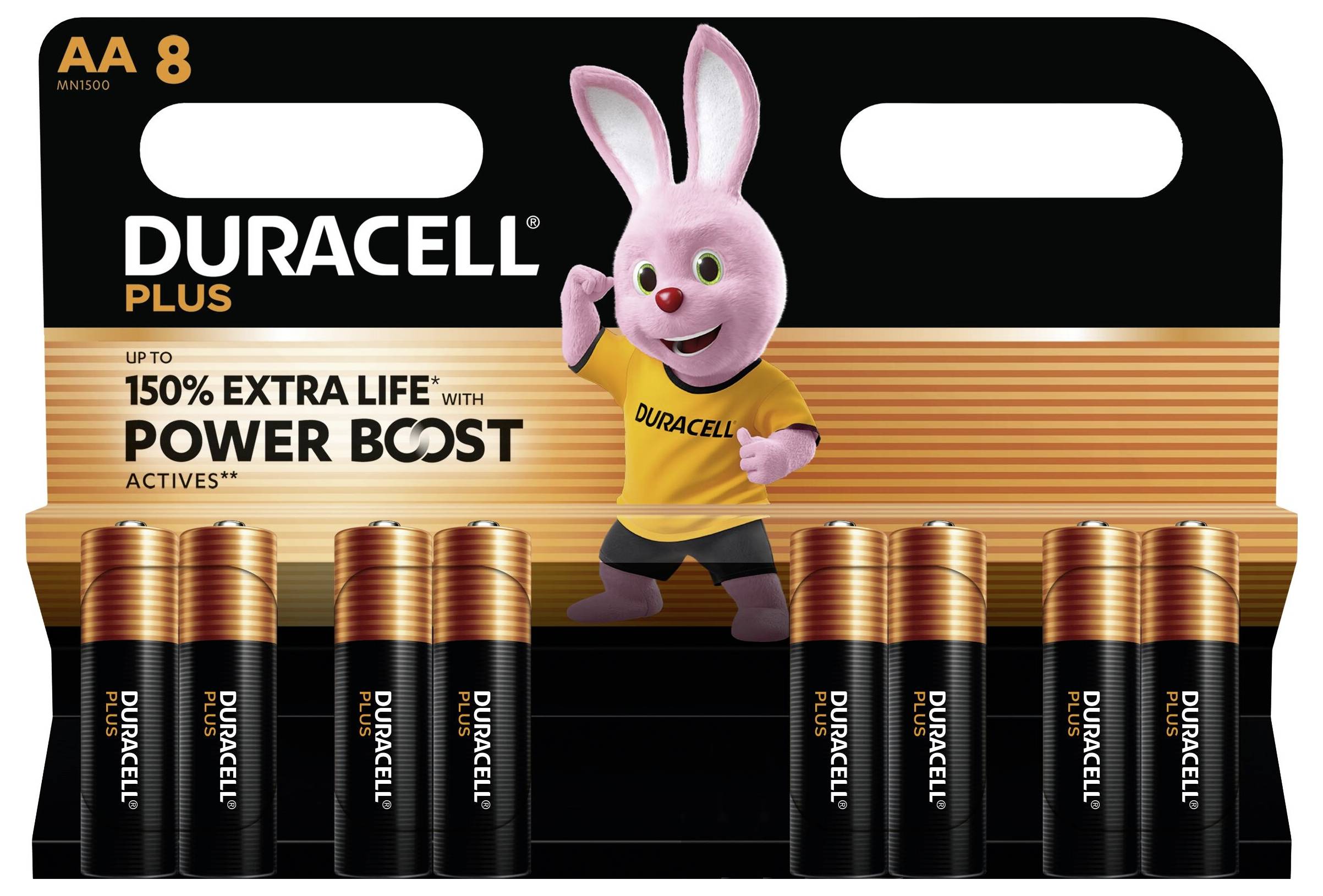 « Piles Duracell Plus AA, paquet de huit, avec la mascotte du lapin rose. Offre jusqu'à 150 % de vie supplémentaire avec Power Boost. »