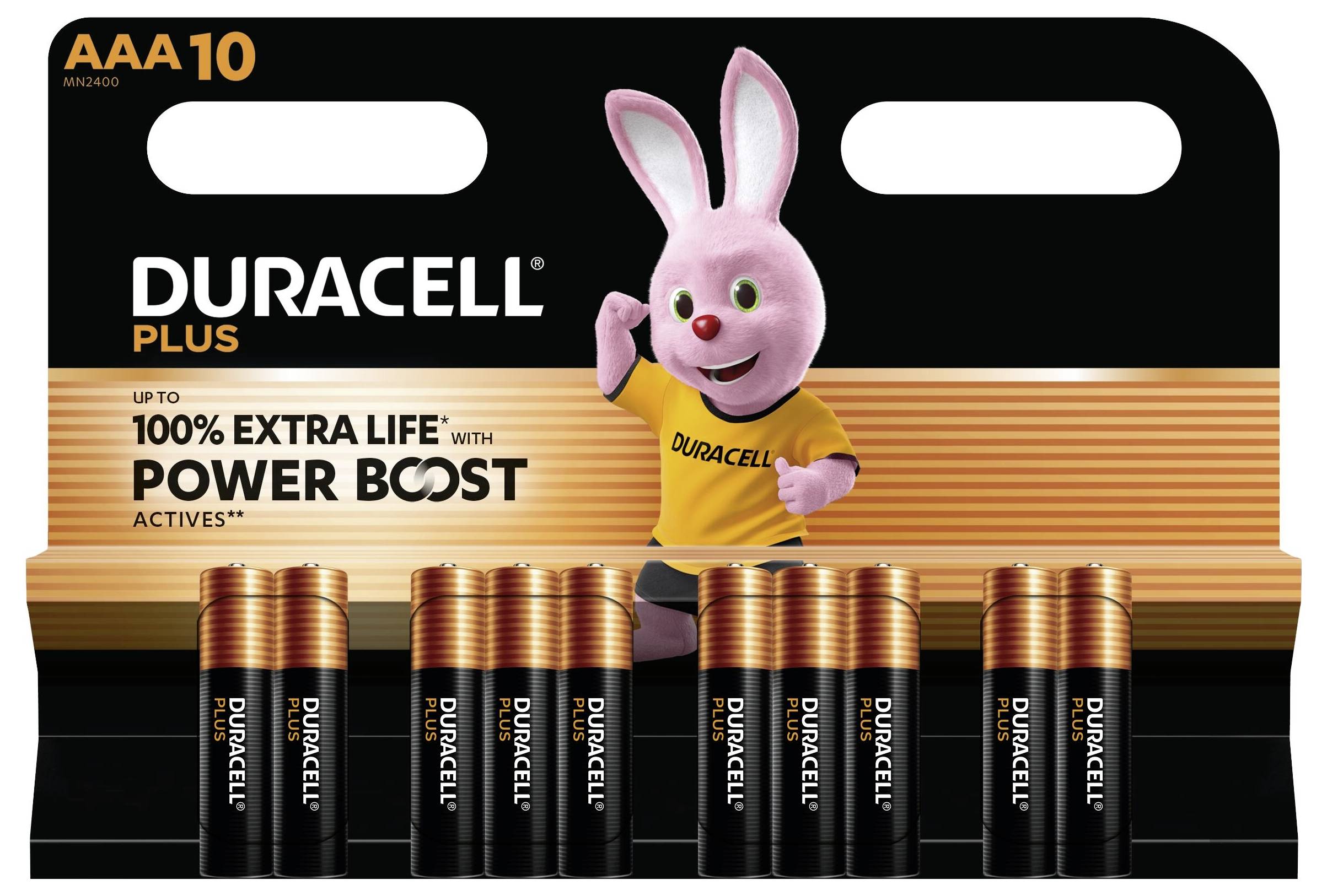 Pack de piles Duracell avec capuchons en cuivre et la mascotte du lapin rose. Texte : « Duracell Plus, jusqu'à 100 % de durée de vie supplémentaire avec Power Boost. »