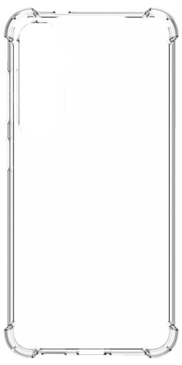 Étui de téléphone transparent avec coins renforcés, conçu pour protéger contre les chutes, présenté sur fond blanc.