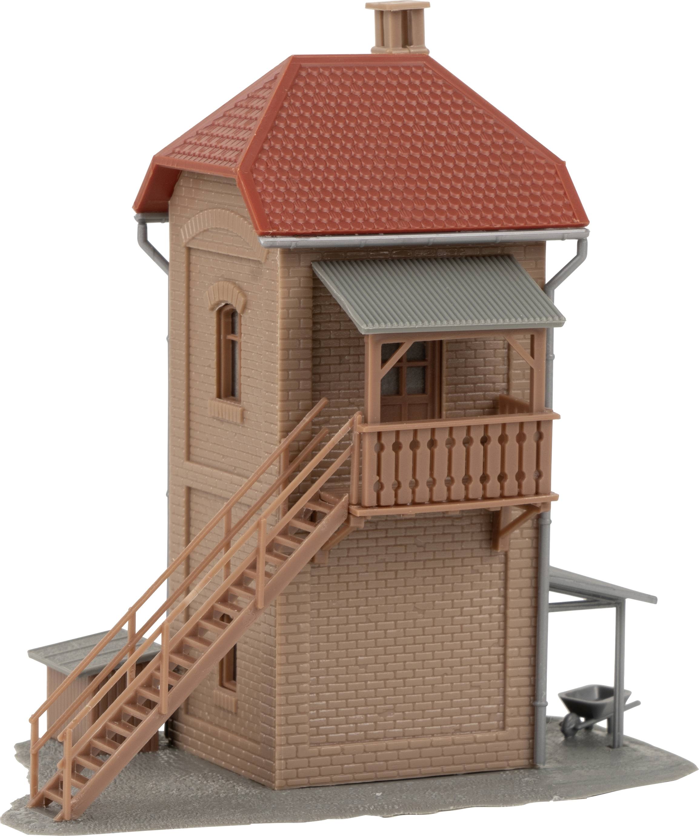Tour d'eau en briques avec toit rouge, balcon et escalier en bois. Adapté comme décoration pour les réseaux de trains miniatures.