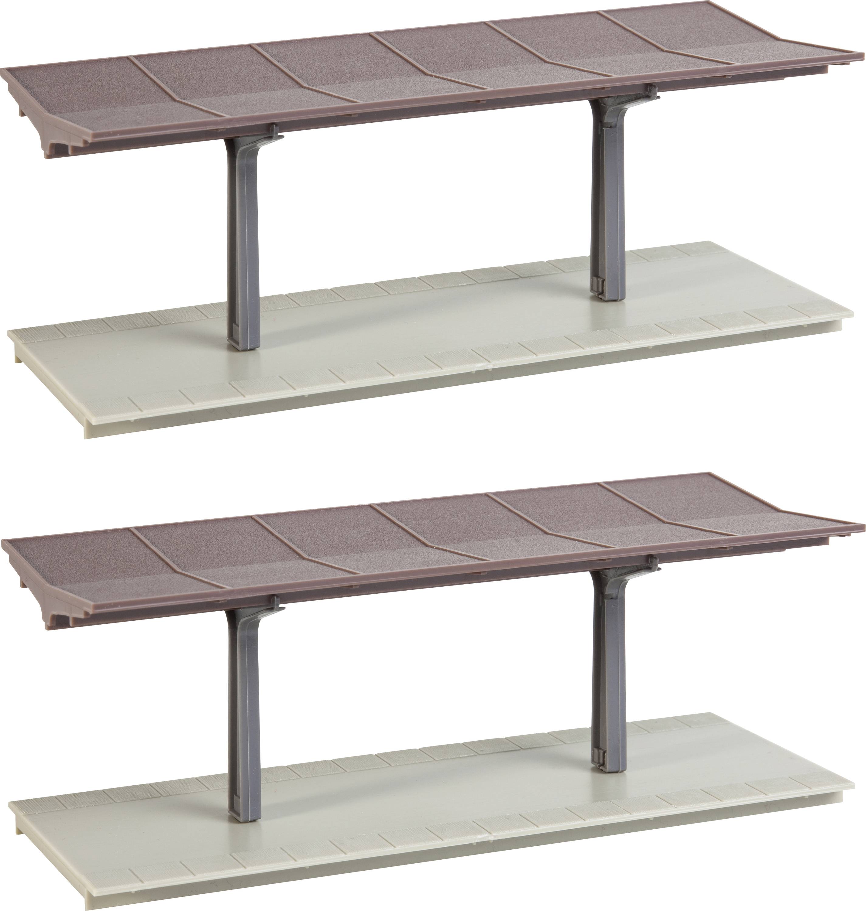 Deux plateformes de modélisme ferroviaire identiques avec des toits bruns et des parties inférieures grises, représentées côte à côte sur un fond blanc.