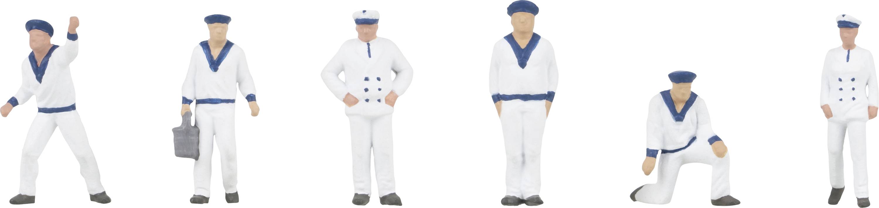 Six figurines miniatures de marins en uniforme blanc avec des détails bleus, représentés dans différentes poses.