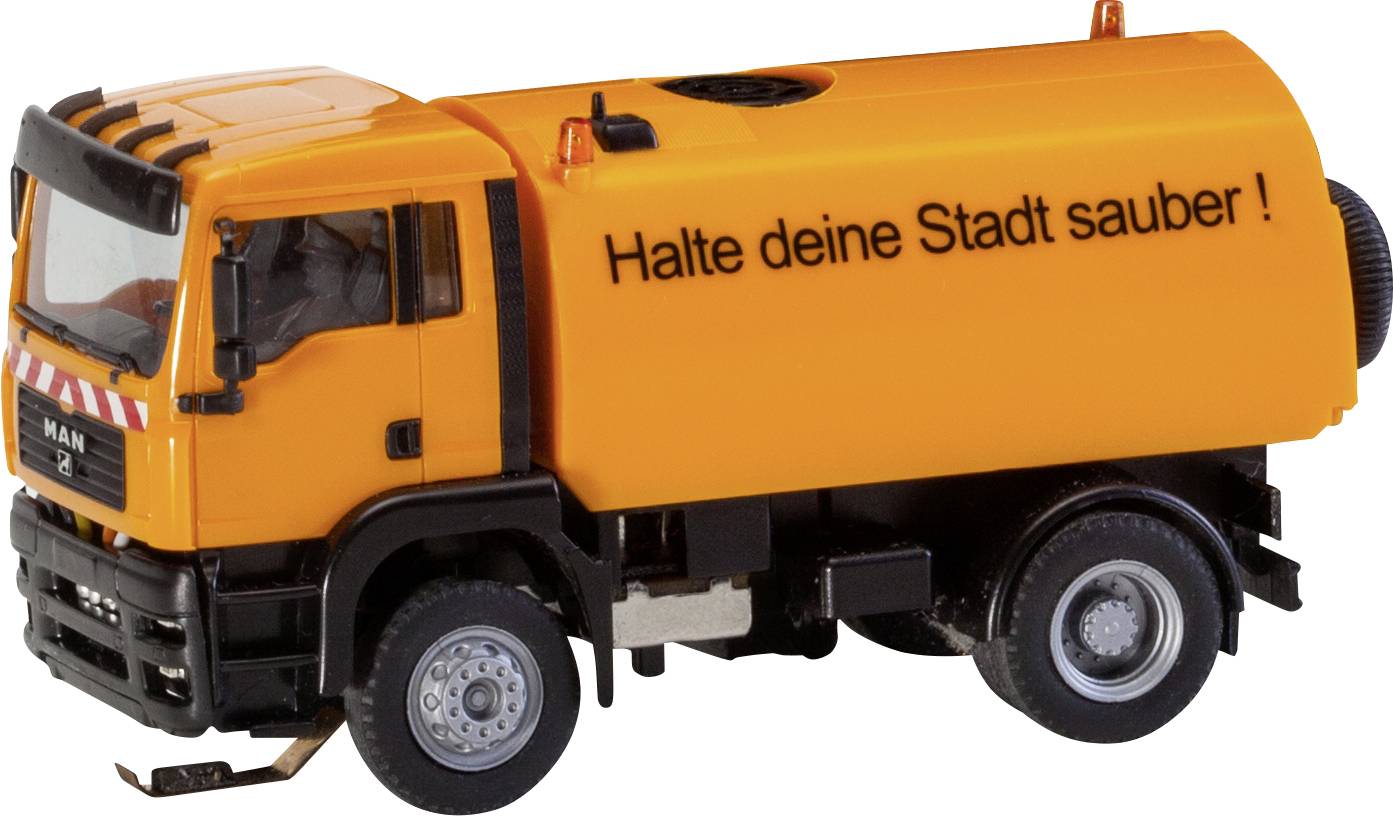 Un camion à ordures orange portant l'inscription « Garde ta ville propre ! » sur le côté. Le véhicule est placé sur un fond blanc.