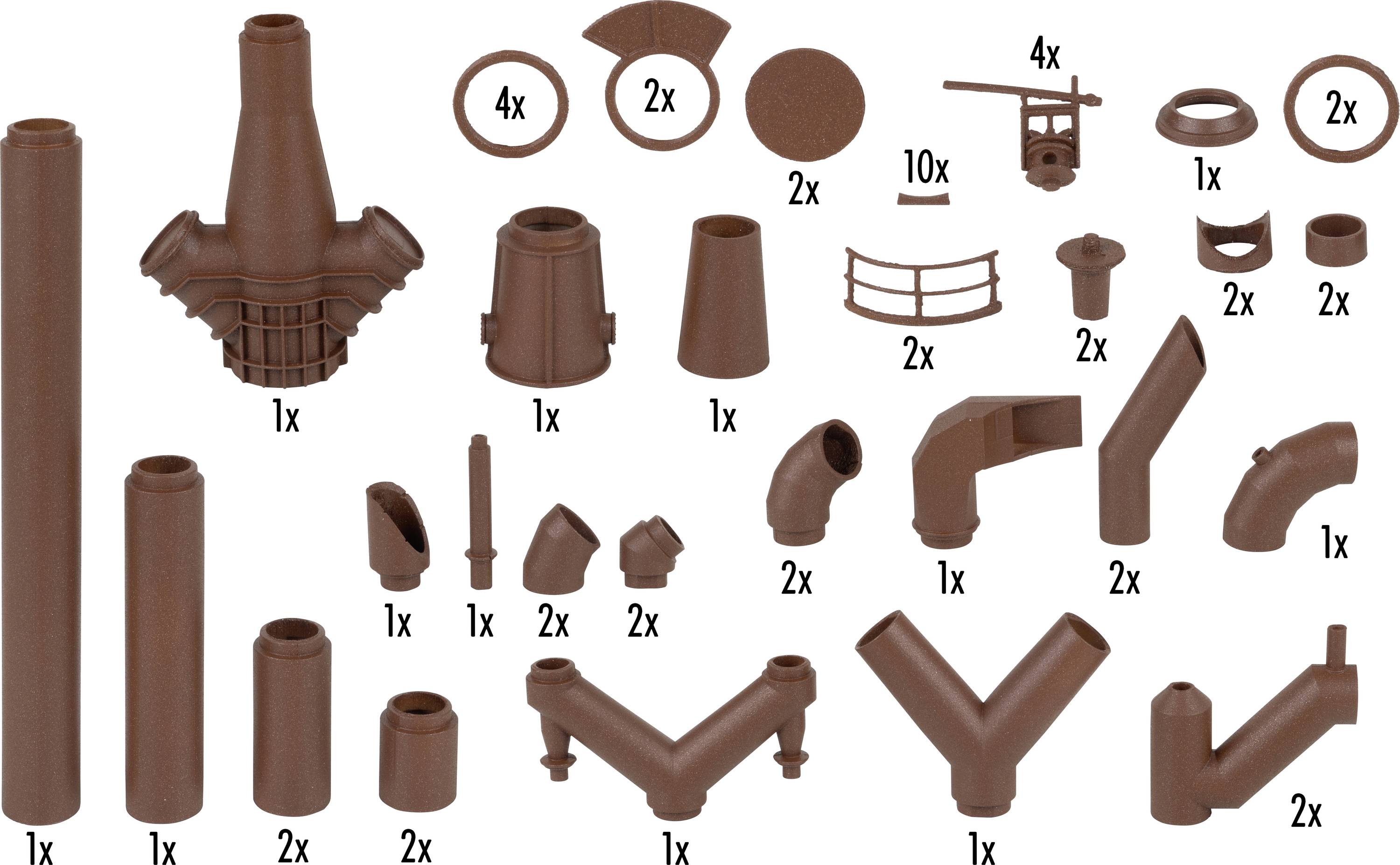 Plusieurs pièces en plastique marron, chacune accompagnée d'une quantité, qui ressemblent à des tubes et des raccords de différentes formes.