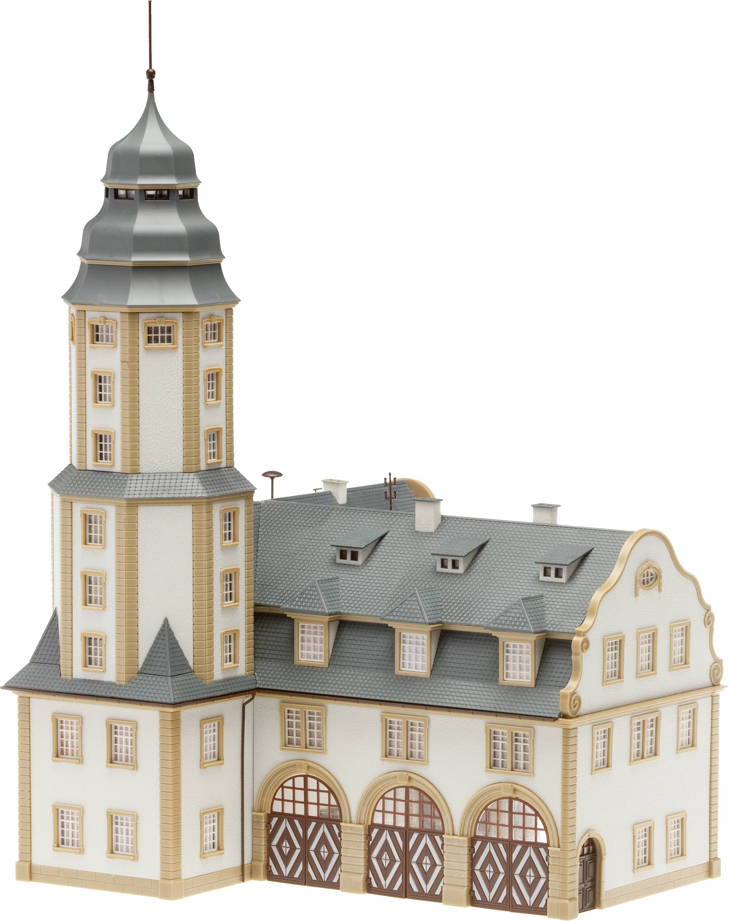 Un bâtiment modèle à plusieurs étages avec une tour et un toit gris, illustrant l'architecture historique.