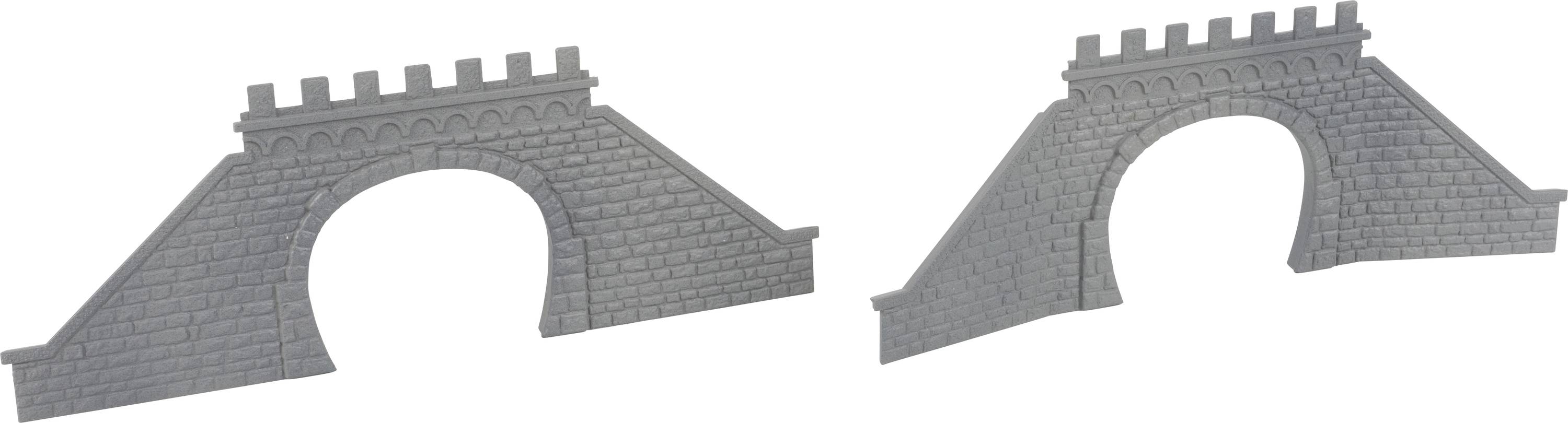 Deux ponts modélisés en pierre grise avec des créneaux. Ils sont arqués et il manque un tronçon de connexion au milieu.