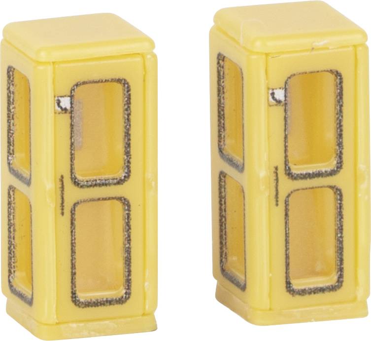 Deux petites cabines téléphoniques jaunes en plastique, côte à côte.