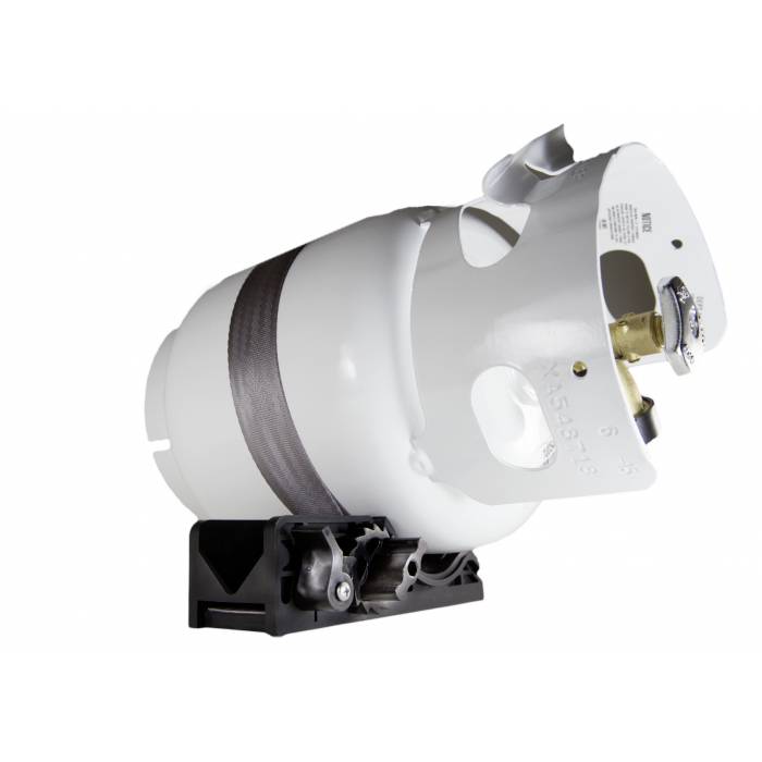 Un réservoir de propane blanc, positionné horizontalement, équipé de deux vannes et d'un support noir.