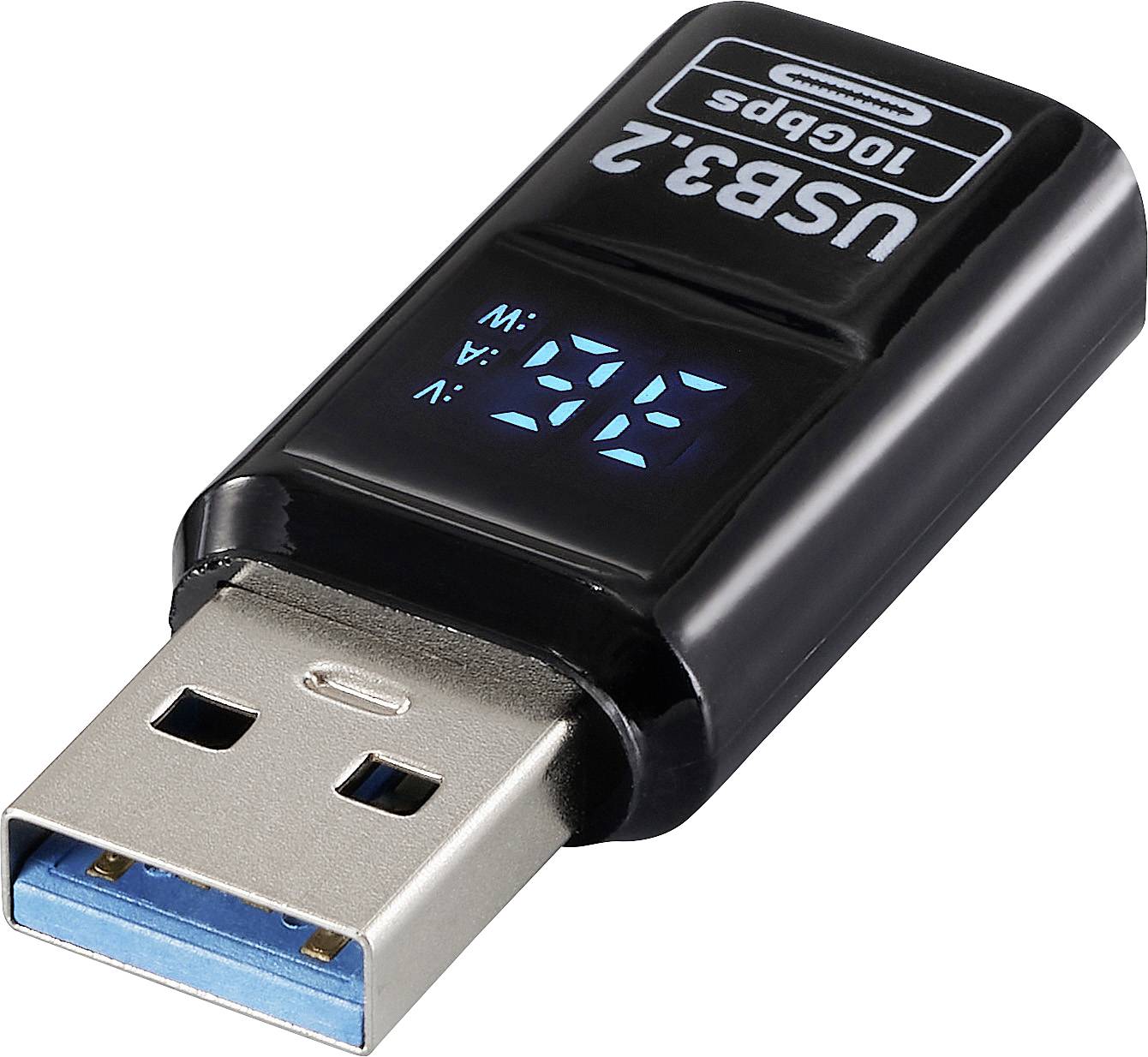 Un dongle USB 3.2 noir affichant « M : 0A V : 5V » sur un écran numérique, utilisé pour mesurer le courant et la tension.