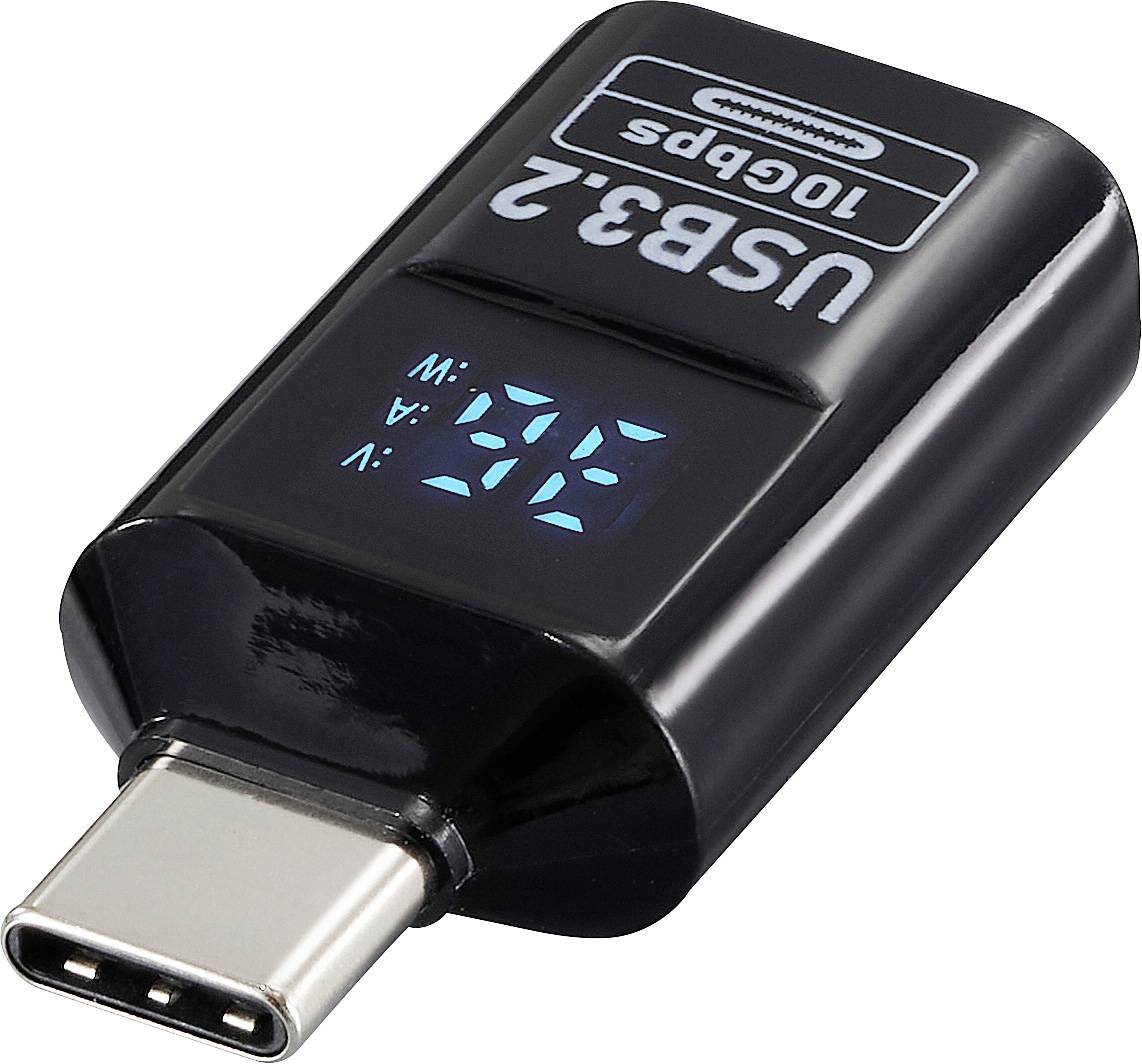 Un dispositif noir de mesure de puissance USB-C affiche 'U' pour la tension et 'A' pour l'ampérage sur un écran numérique, utilisé pour surveiller les taux de charge des appareils.