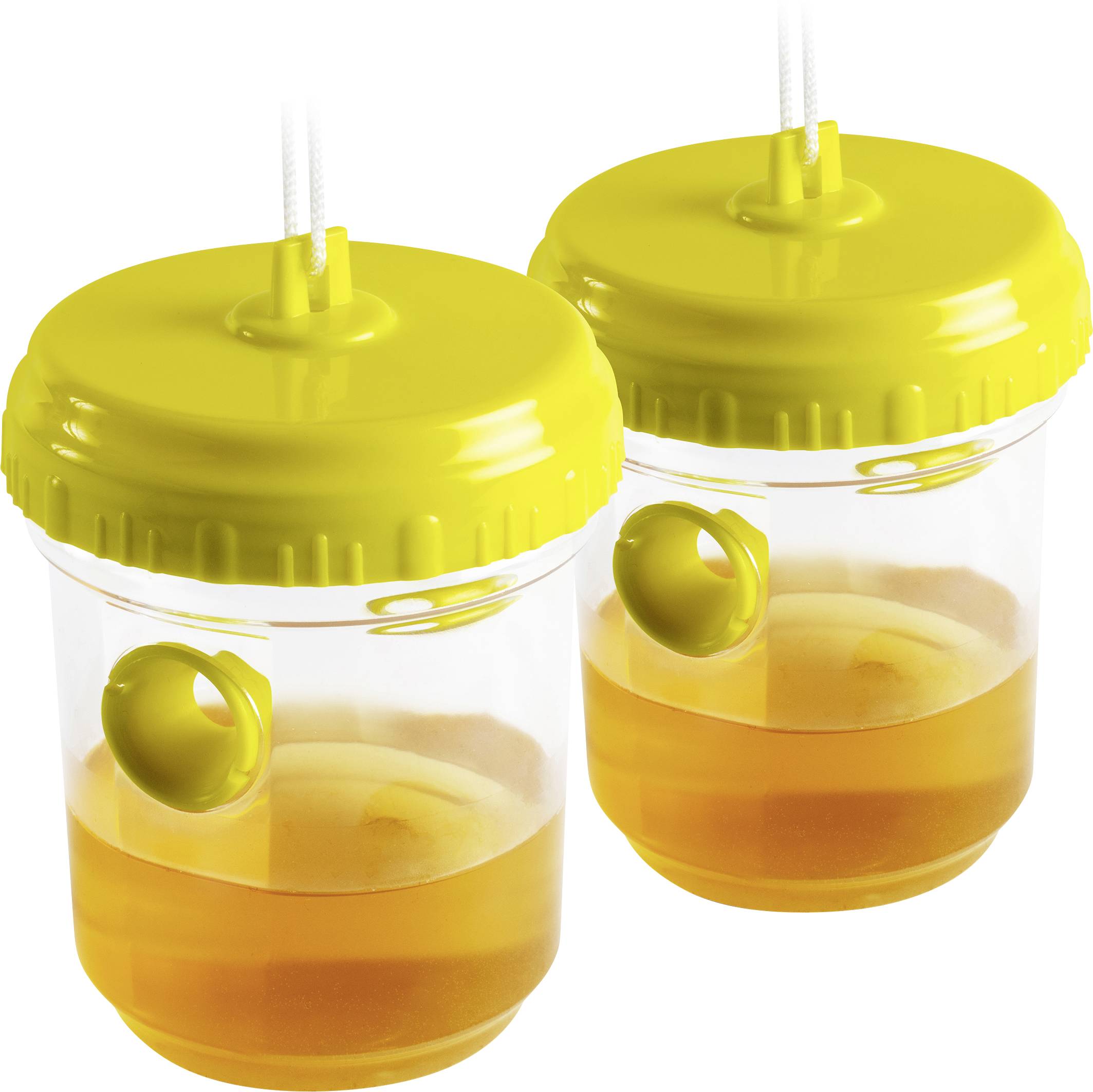 Deux pièges à insectes transparents avec un couvercle jaune et des appâts à l'intérieur, adaptés pour lutter contre les guêpes ou les mouches des fruits.