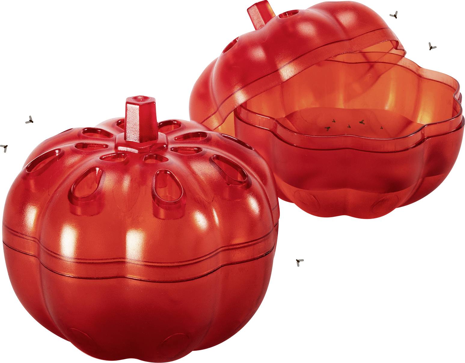 Deux pièges à mouches en forme de citrouille de couleur rouge. Un fermé, l'autre ouvert avec de petites mouches à l'intérieur.