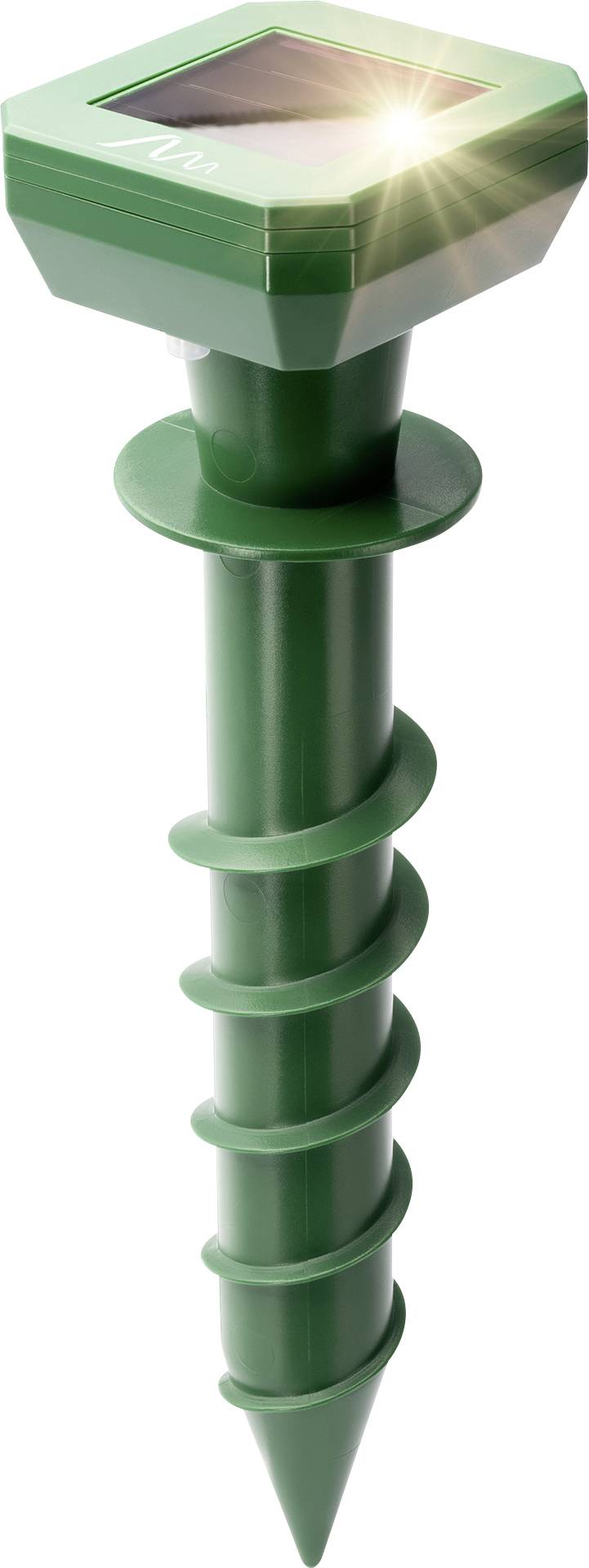 Lampe solaire verte avec piquet de terre spiralé et éclairage solaire en partie supérieure, utilisée dans le jardin pour l'éclairage.