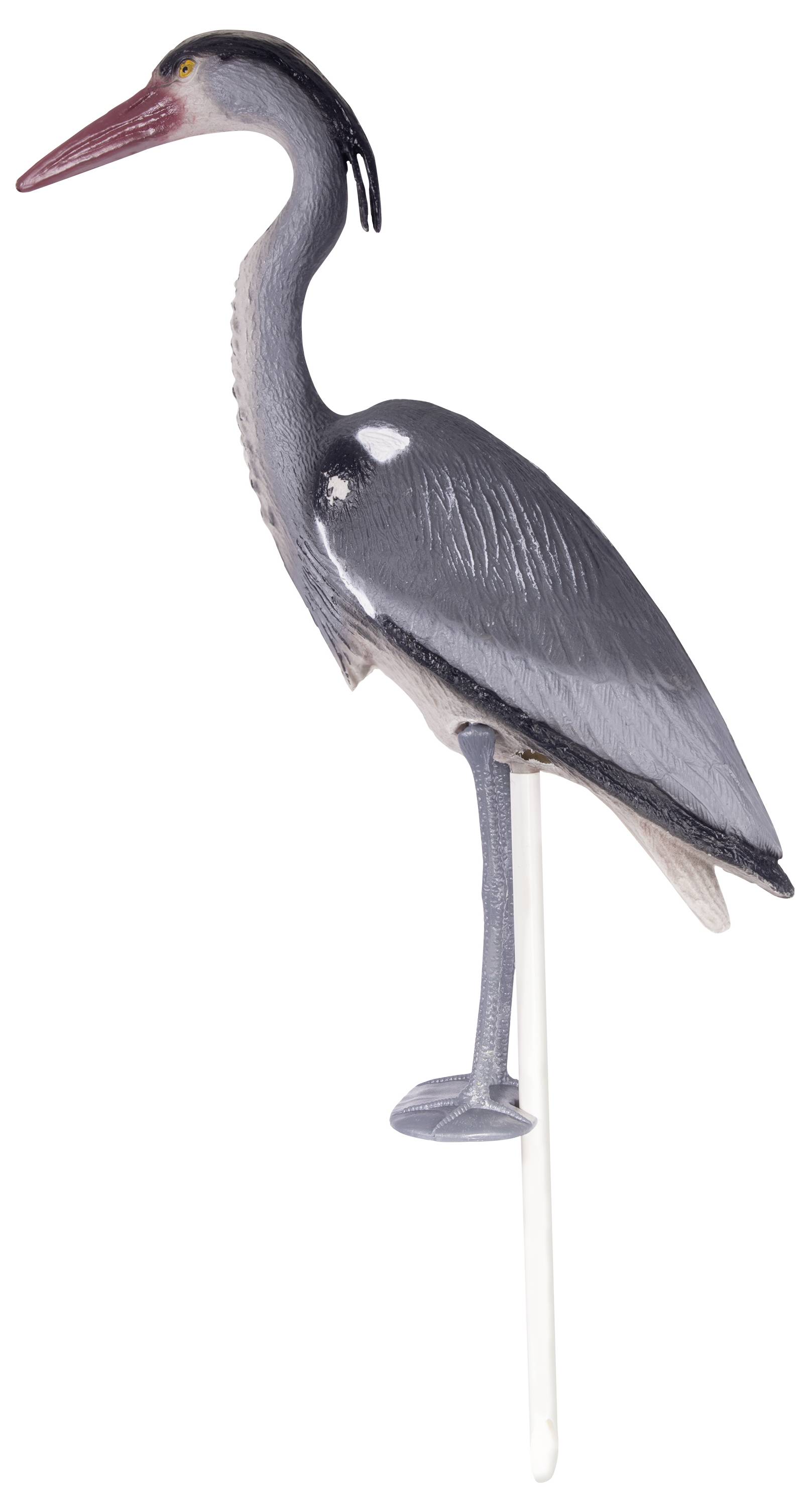 Une figurine réaliste en plastique d'un héron gris avec un plumage gris et blanc et un bec rouge sur un support blanc.