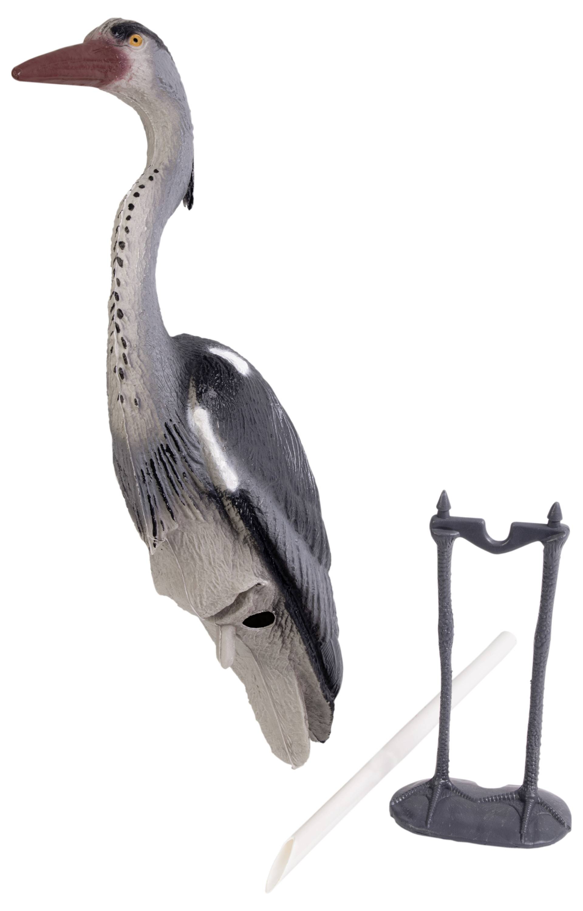 Modèle de jouet d'un héron gris debout avec pieds amovibles et support.