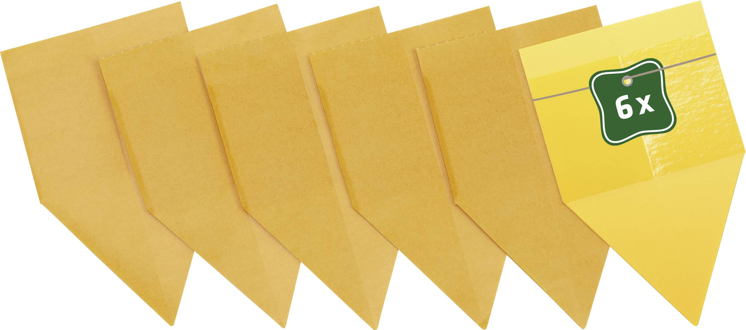 Six enveloppes jaunes, avec une étiquette verte portant l'inscription '6x' sur la droite.