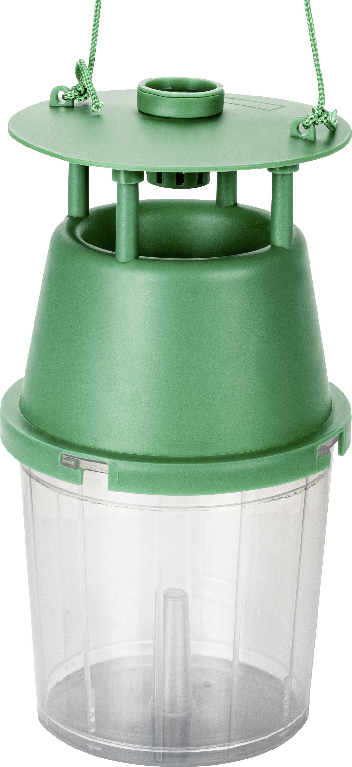 Piège à moustiques vert avec un récipient de capture transparent, suspendu à une corde.