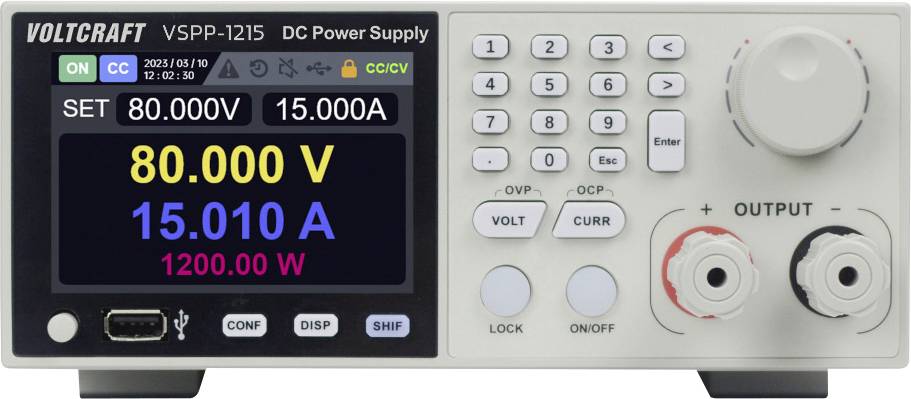 VOLTCRAFT VSPP-1215 alimentation électrique continue affichant 80.000 V, 15.010 A et 1200.00 W, avec commandes de tension et de courant et bornes de sortie.