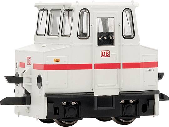 Un modèle d'une locomotive de manœuvre blanche avec une bande rouge et le logo DB. Elle a une forme anguleuse et aucun rail visible.