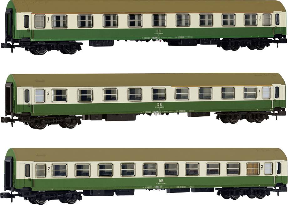 Trois voitures de voyageurs de train miniature en peinture vert et beige, chacune avec des toits beiges et portant l'inscription 'DB'.