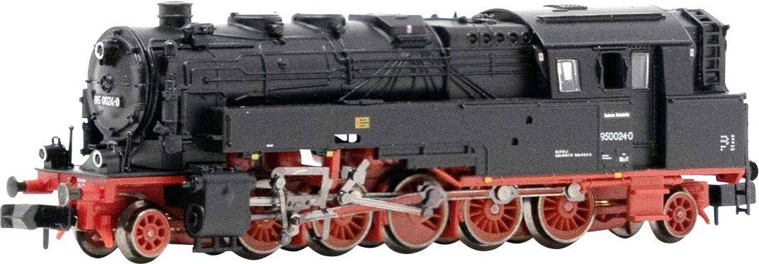 Un modèle réduit de locomotive à vapeur présentant une locomotive classique détaillée, avec un corps noir et des roues rouges, illustrant le design vintage des chemins de fer.