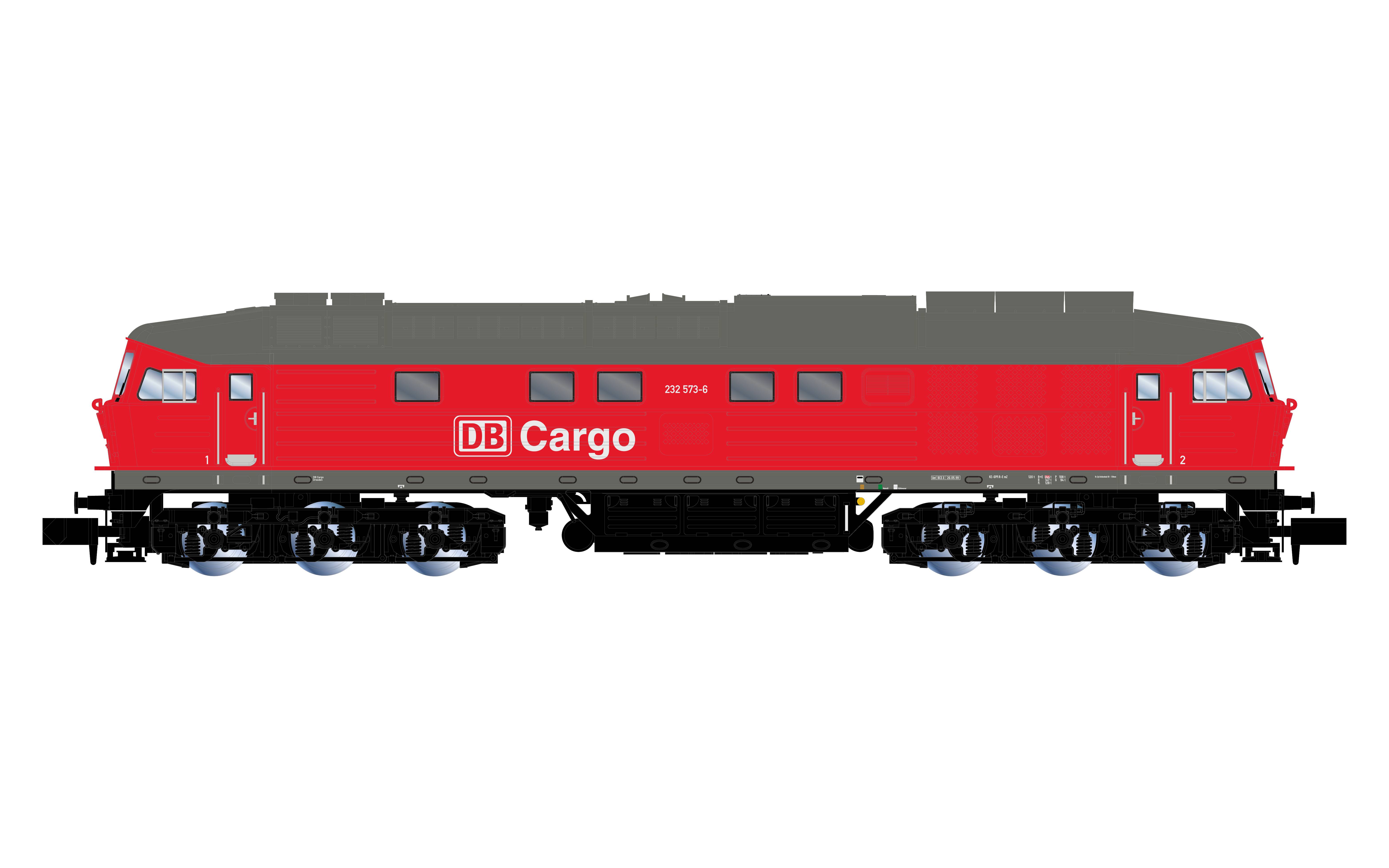 Locomotive DB Cargo rouge vue de côté, avec un toit noir et un châssis, sur fond blanc.