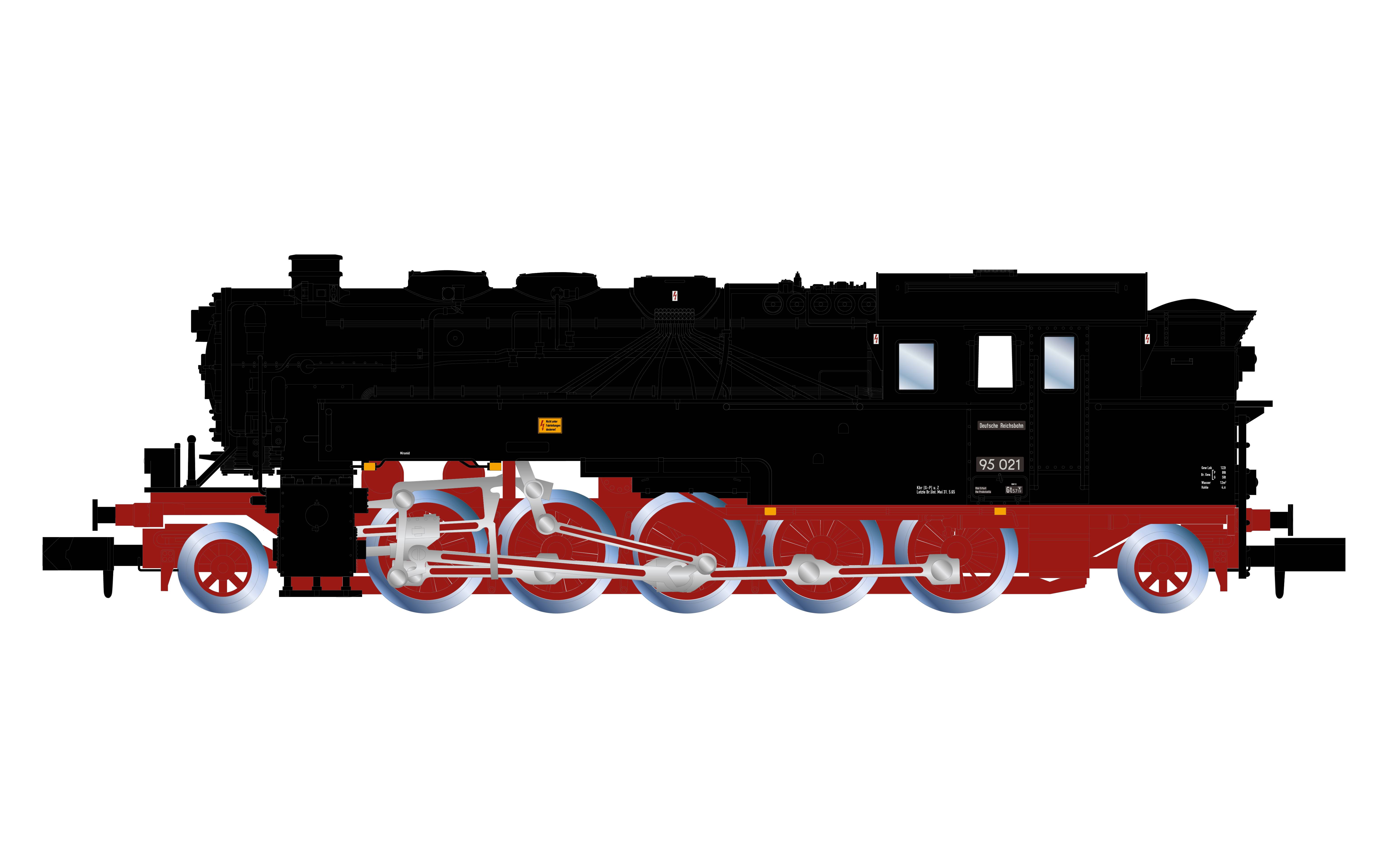 Illustration d'une locomotive à vapeur historique, vue de côté. Locomotive avec chaudière noire et châssis rouge.