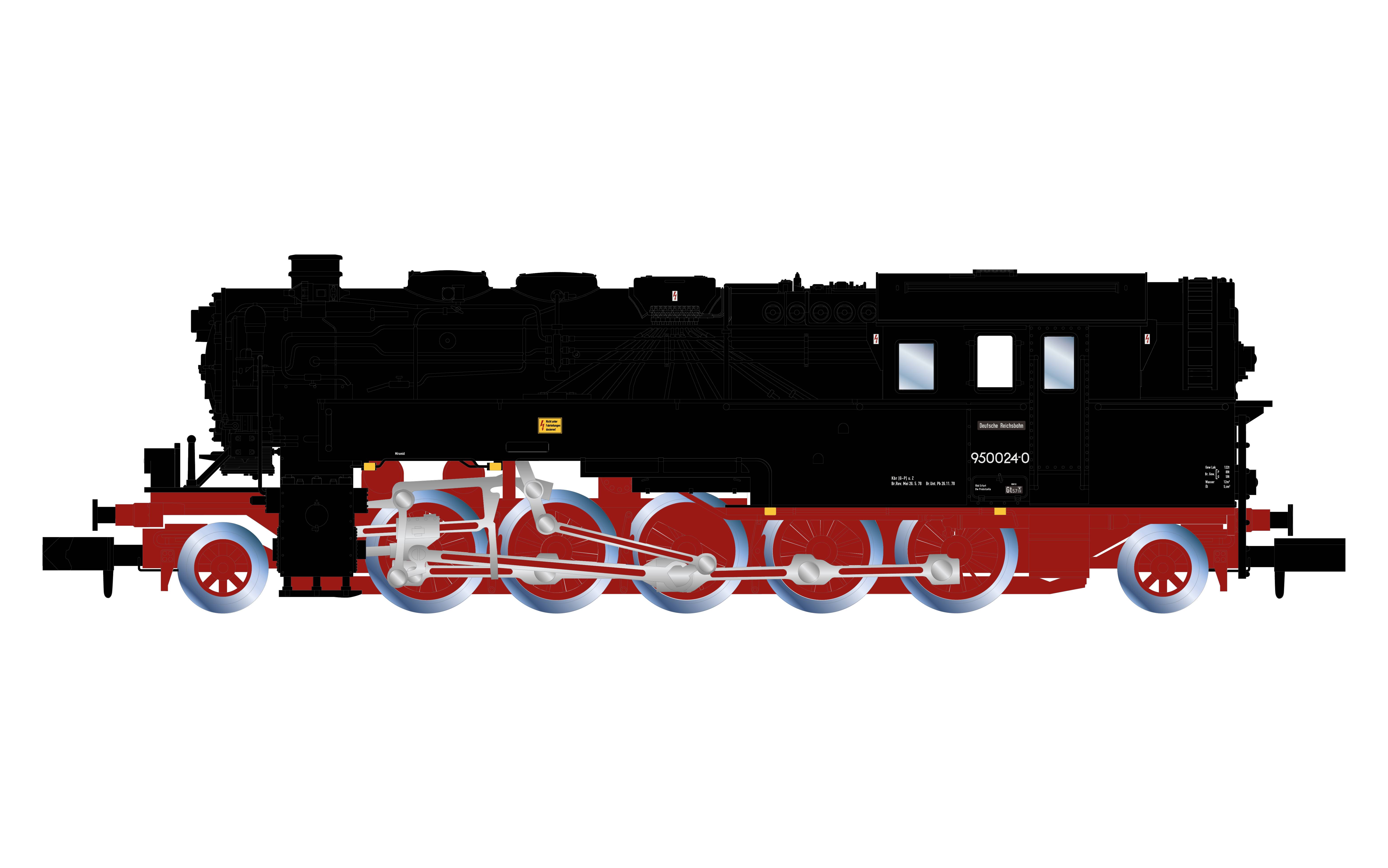 Illustration d'une locomotive à vapeur noire avec un châssis rouge et des roues bleues, vue de profil.
