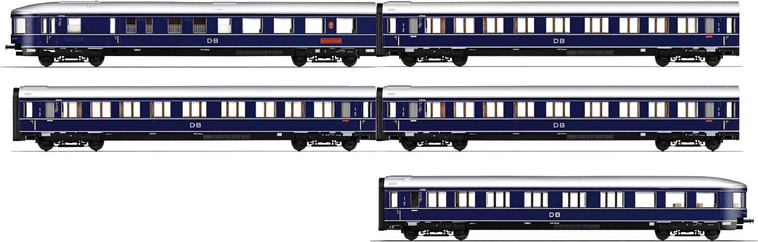 Cinq voitures de voyageurs de train miniature peintes en bleu, chacune avec de nombreuses fenêtres et le logo DB, alignées côte à côte.