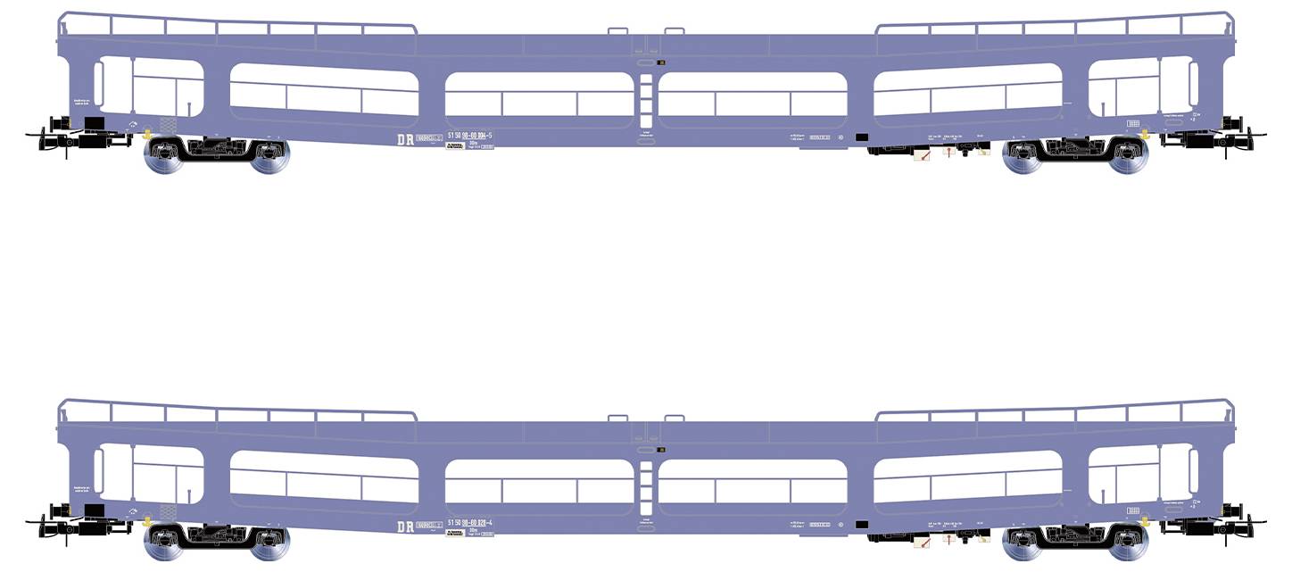 Deux wagons ferroviaires bleus sans toit, munis de garde-corps sur les côtés. Adaptés au transport de véhicules ou d'objets volumineux.