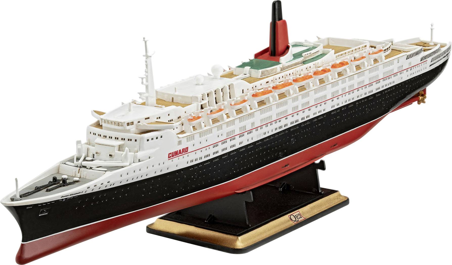 Un modèle fidèle à l'échelle d'un grand paquebot de croisière avec une coque rouge et noire, des superstructures blanches et une cheminée.