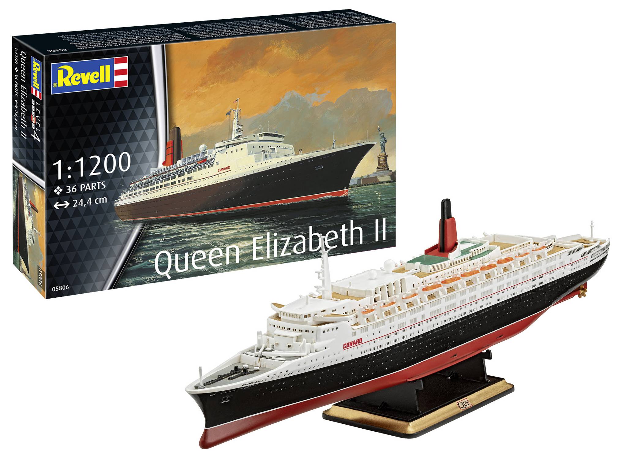 Maquette d'un paquebot de croisière 'Queen Elizabeth II' à l'échelle 1:1200. L'emballage présente une illustration du navire.