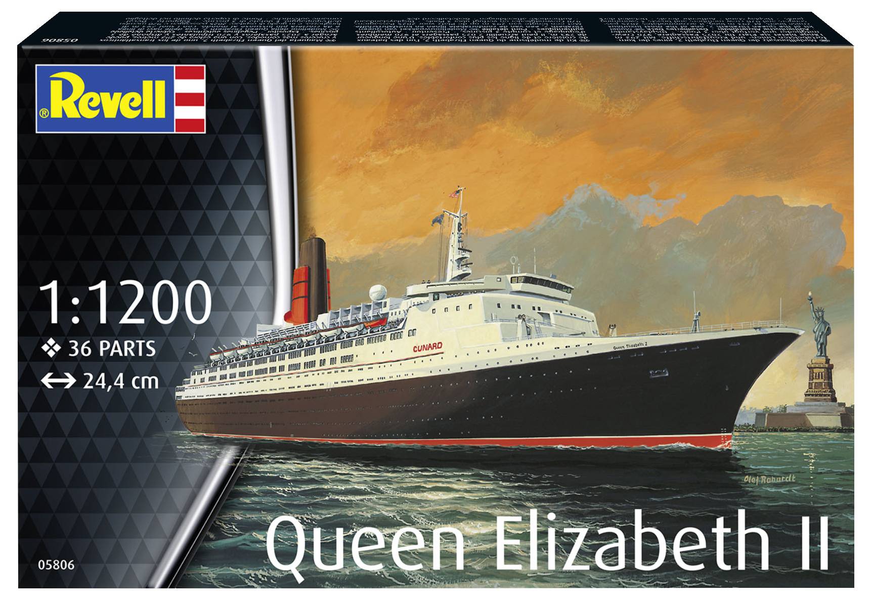 Kit du paquebot 'Queen Elizabeth II', échelle 1:1200, comprenant 36 pièces, modèle fini de 24,4 cm de long. Emballage illustré avec l'image du paquebot océanique.