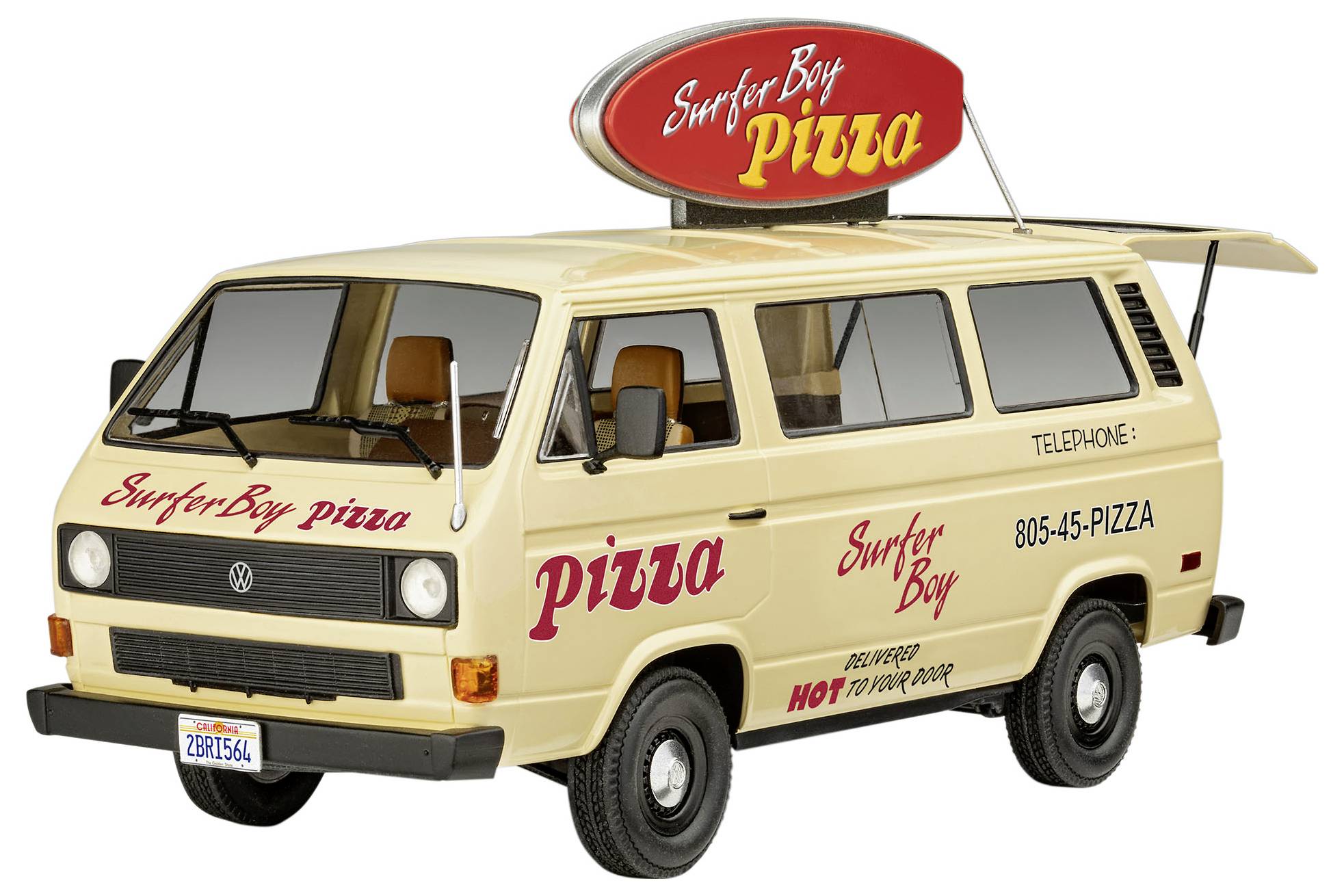Un fourgon crème portant l'inscription « Surfer Boy Pizza » et un panneau sur le toit. La camionnette propose un service de livraison de pizzas.