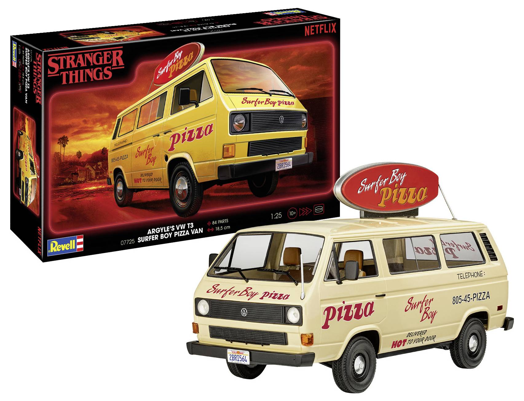 Un kit de modélisme représente un van Volkswagen avec l'inscription 'Surfer Boy Pizza', le véhicule est beige et fait partie de la série 'Stranger Things'.