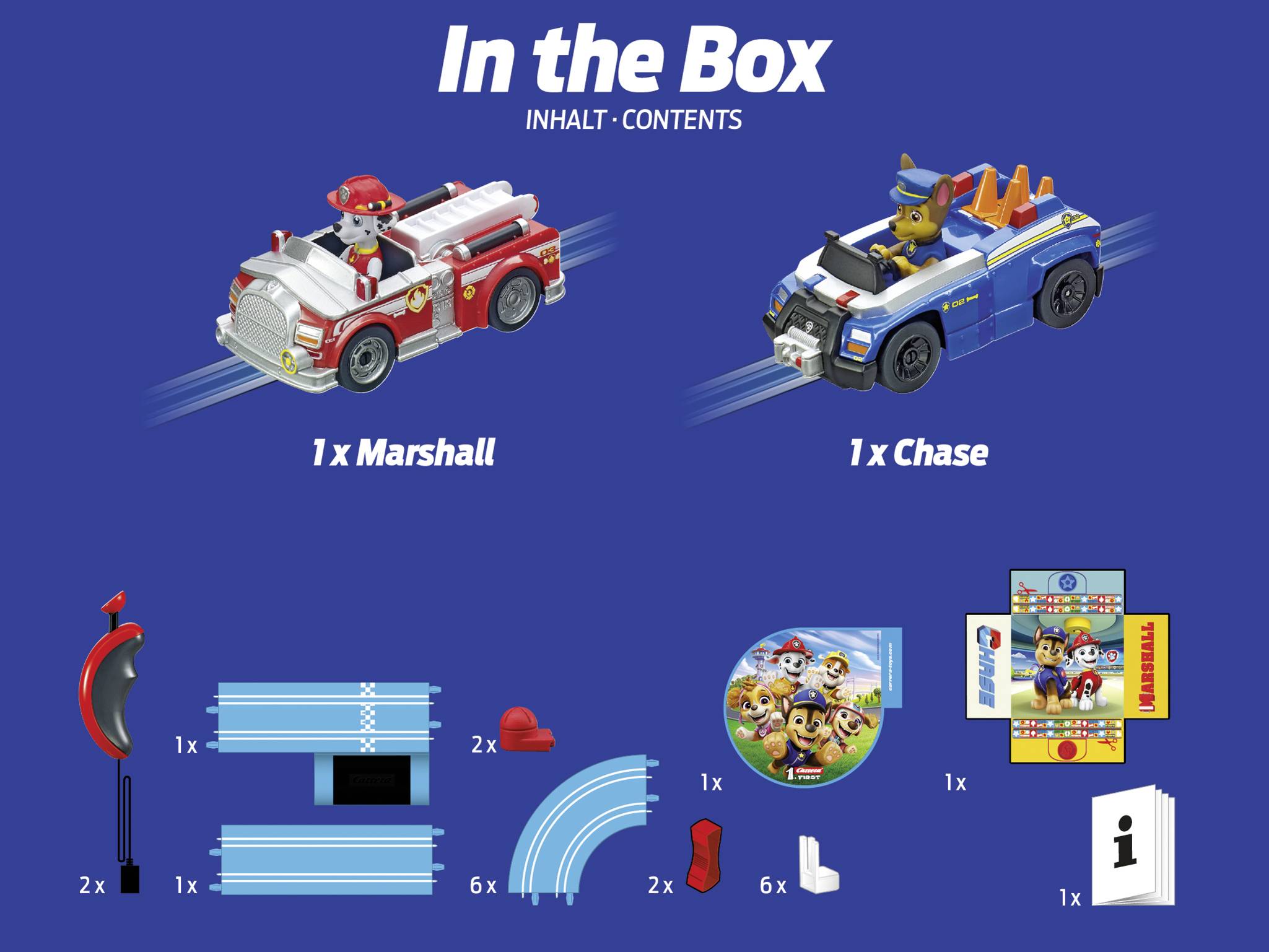 'Dans la boîte' : Deux voitures de jouet, une rouge avec 'Marshall', une bleue avec 'Chase'. Accessoires : virages, rails, panneau stop, mode d'emploi.