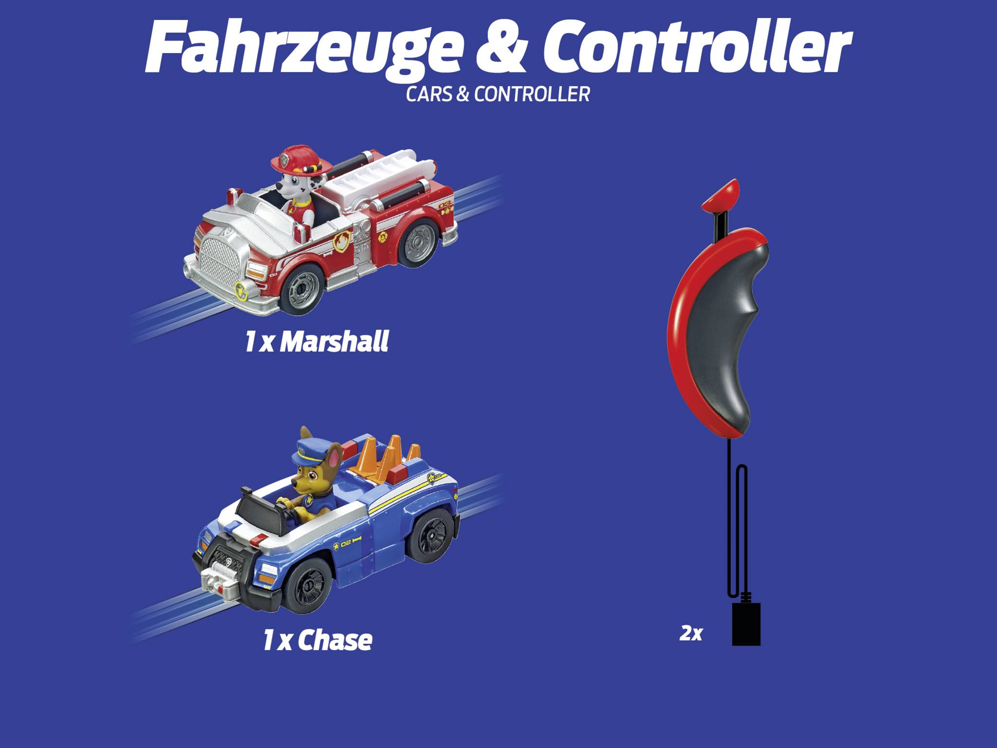 Camion de pompiers avec 'Marshall' et voiture de police avec 'Chase', tous deux issus d'une même série. Deux manettes rouges pour commander les jouets.