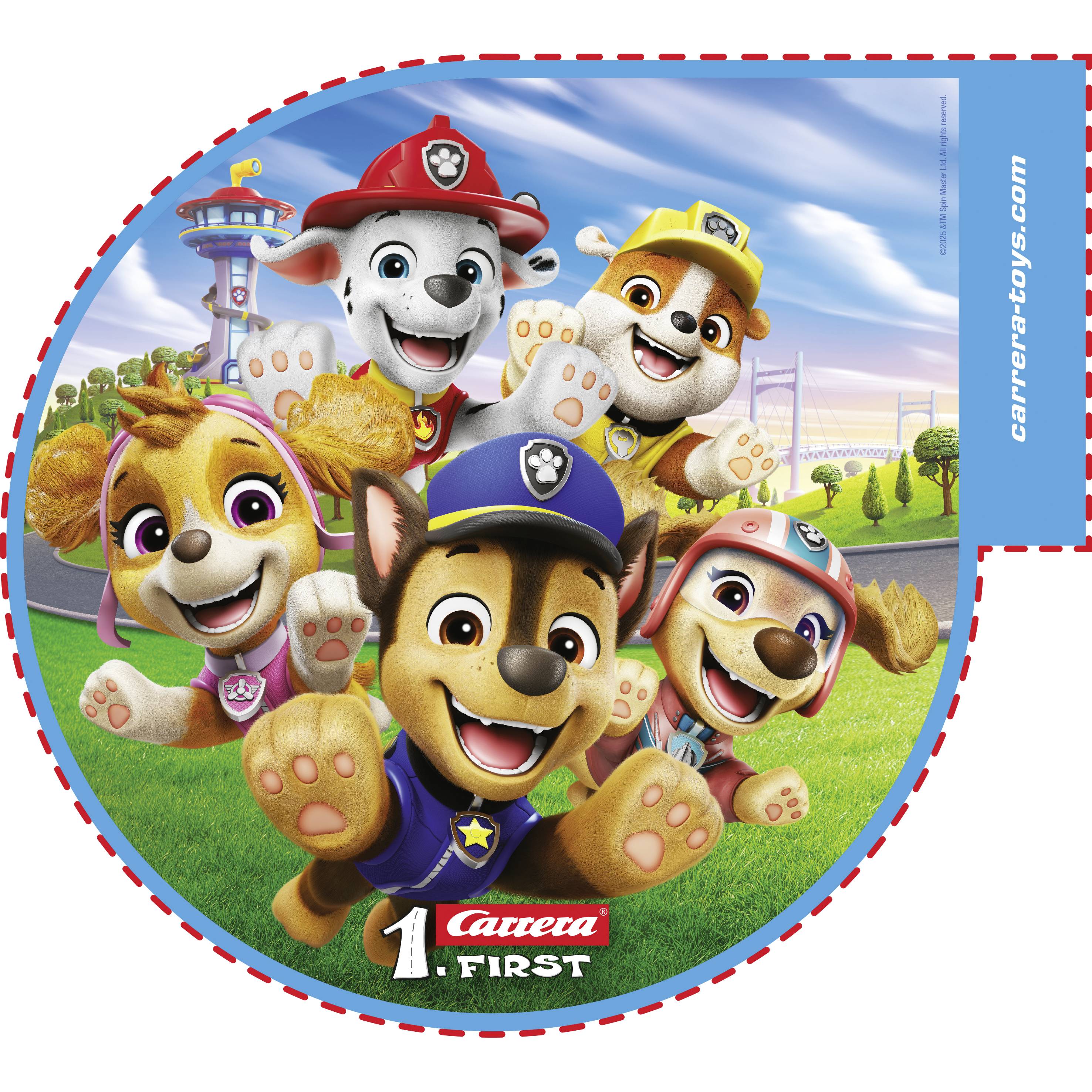 Plusieurs chiots animés portant des uniformes regardent joyeusement la caméra. En arrière-plan, un circuit de course et une tour.