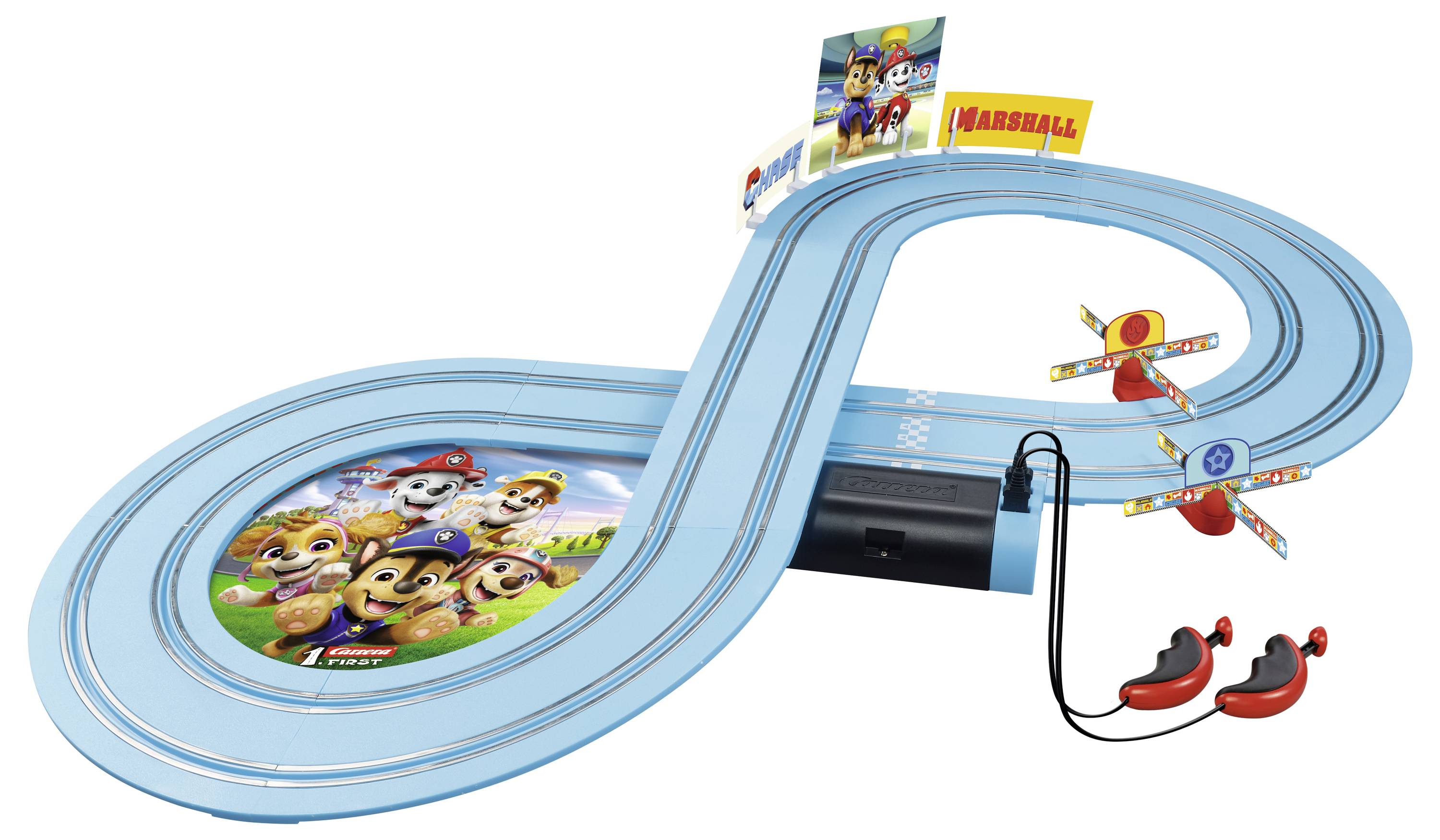 Circuit de course de jouets en forme de huit sur le thème de la Pat' Patrouille. Comprend deux commandes manuelles et des décorations des personnages.