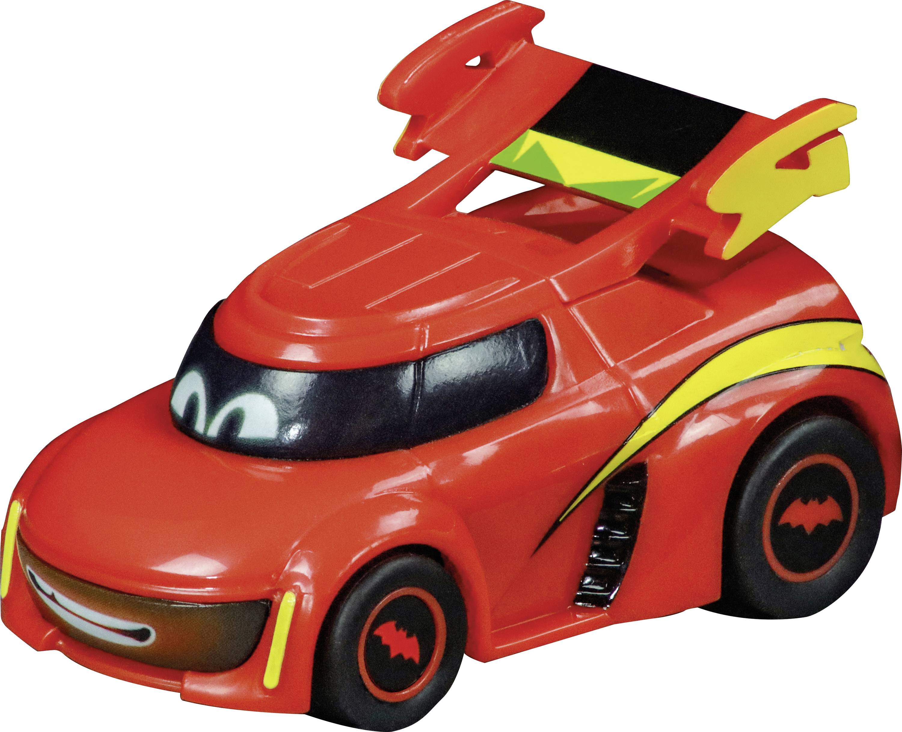 Une petite voiture de jouet rouge avec de grands yeux sur le pare-brise et un logo Batman noir sur les roues, agrémentée de détails jaunes et noirs.